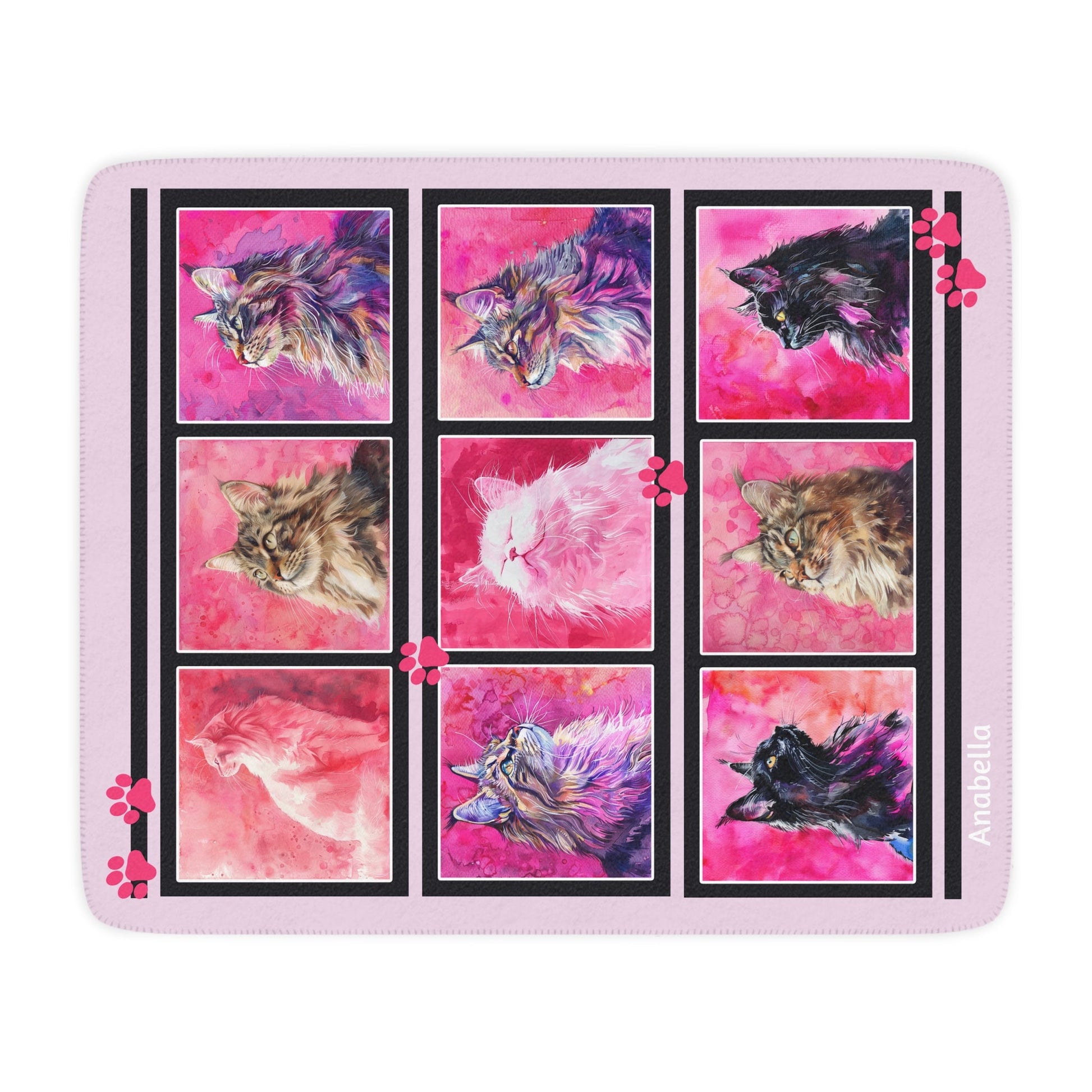 Cute Cat Blanket, Nine Cats on PINK Blanket, Coquette Aesthetic, Boho Chic Room Decor - FlooredByArt