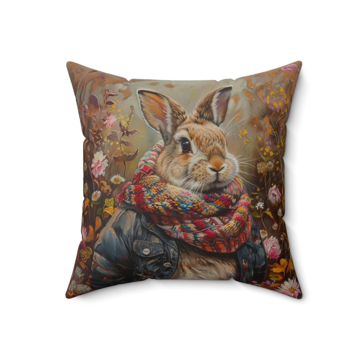 Cute Rabbit with Jacket & Scarf in Wildflowers Pillows - Whimsical, Magical - FlooredByArt