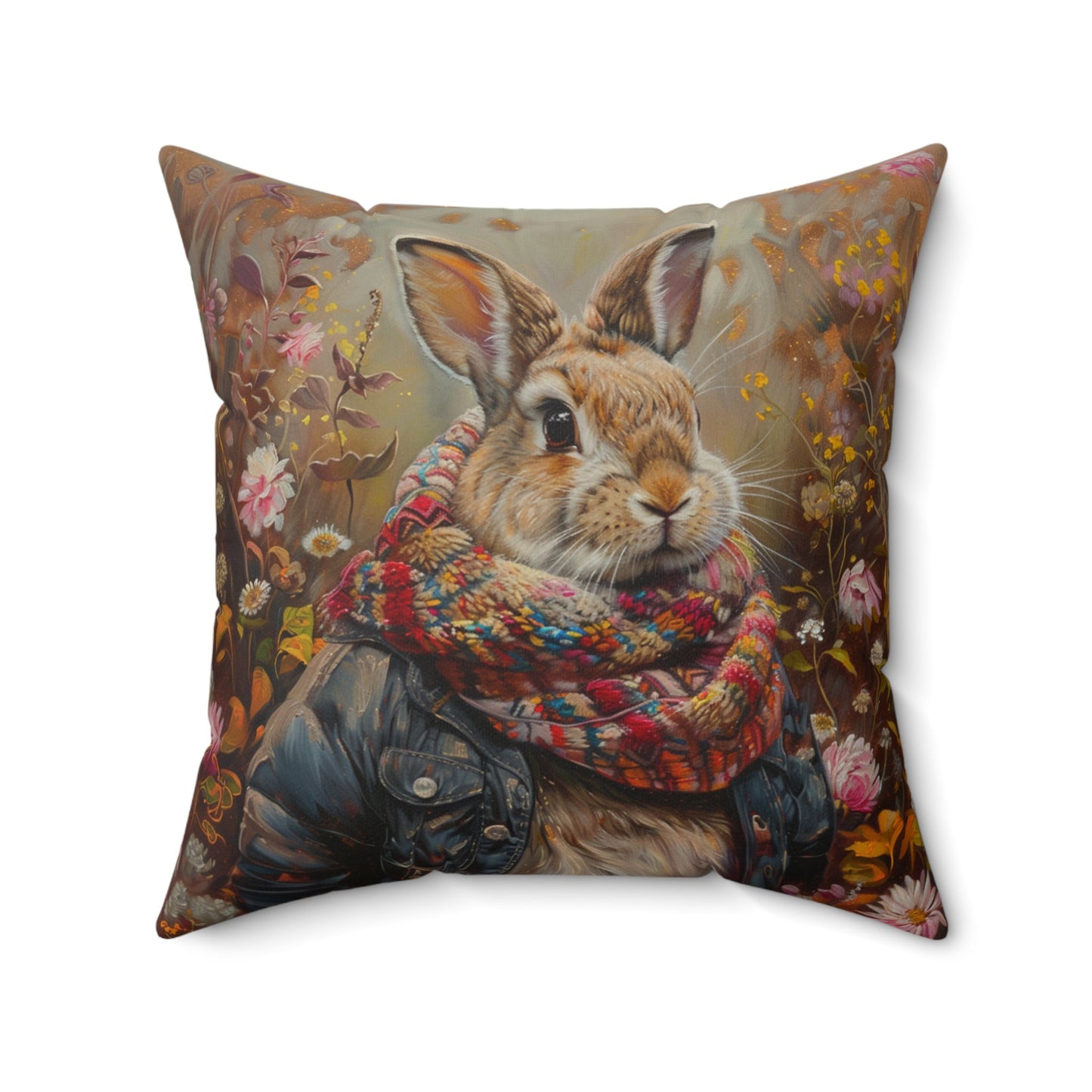 Cute Rabbit with Jacket & Scarf in Wildflowers Pillows - Whimsical, Magical - FlooredByArt