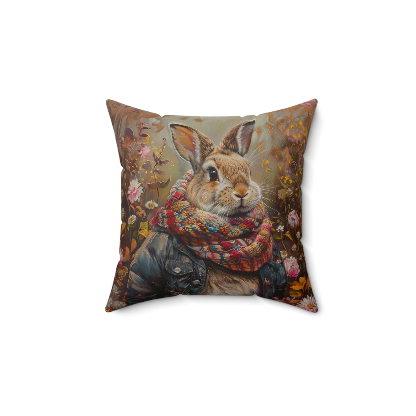 Cute Rabbit with Jacket & Scarf in Wildflowers Pillows - Whimsical, Magical - FlooredByArt