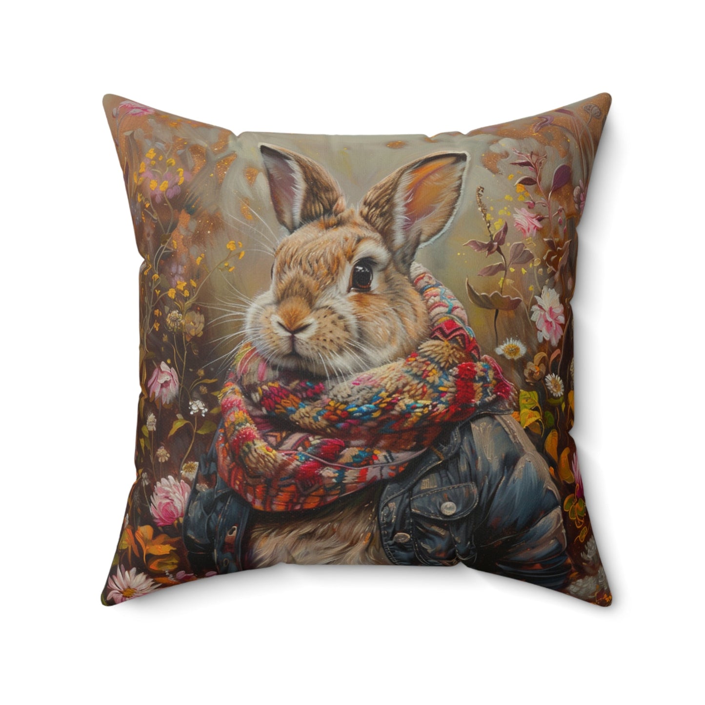 Cute Rabbit with Jacket & Scarf in Wildflowers Pillows - Whimsical, Magical - FlooredByArt