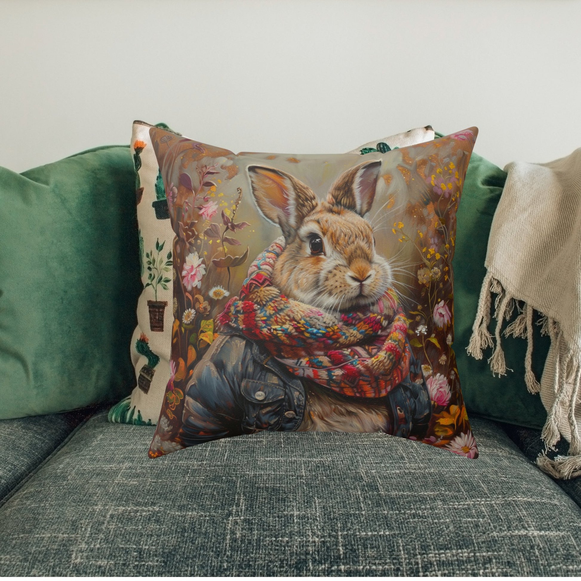 Cute Storybook Rabbit with Jacket & Scarf in Wildflowers Pillows - Whimsical - FlooredByArt