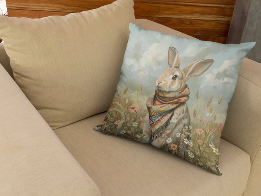 Cute Vintage Storybook Rabbit Pillow with Colorful Scarf in Wildflowers - FlooredByArt