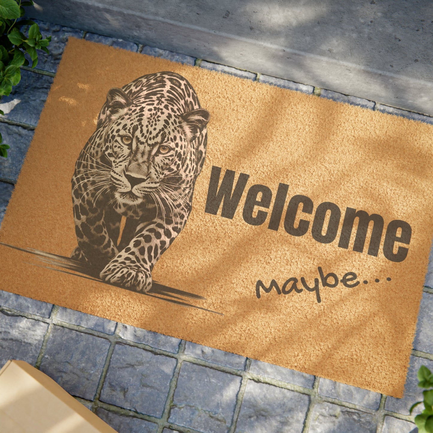 Funny Cat Welcome Doormat Leopard, "WELCOME, Maybe..." Rug, Whimsical - FlooredByArt