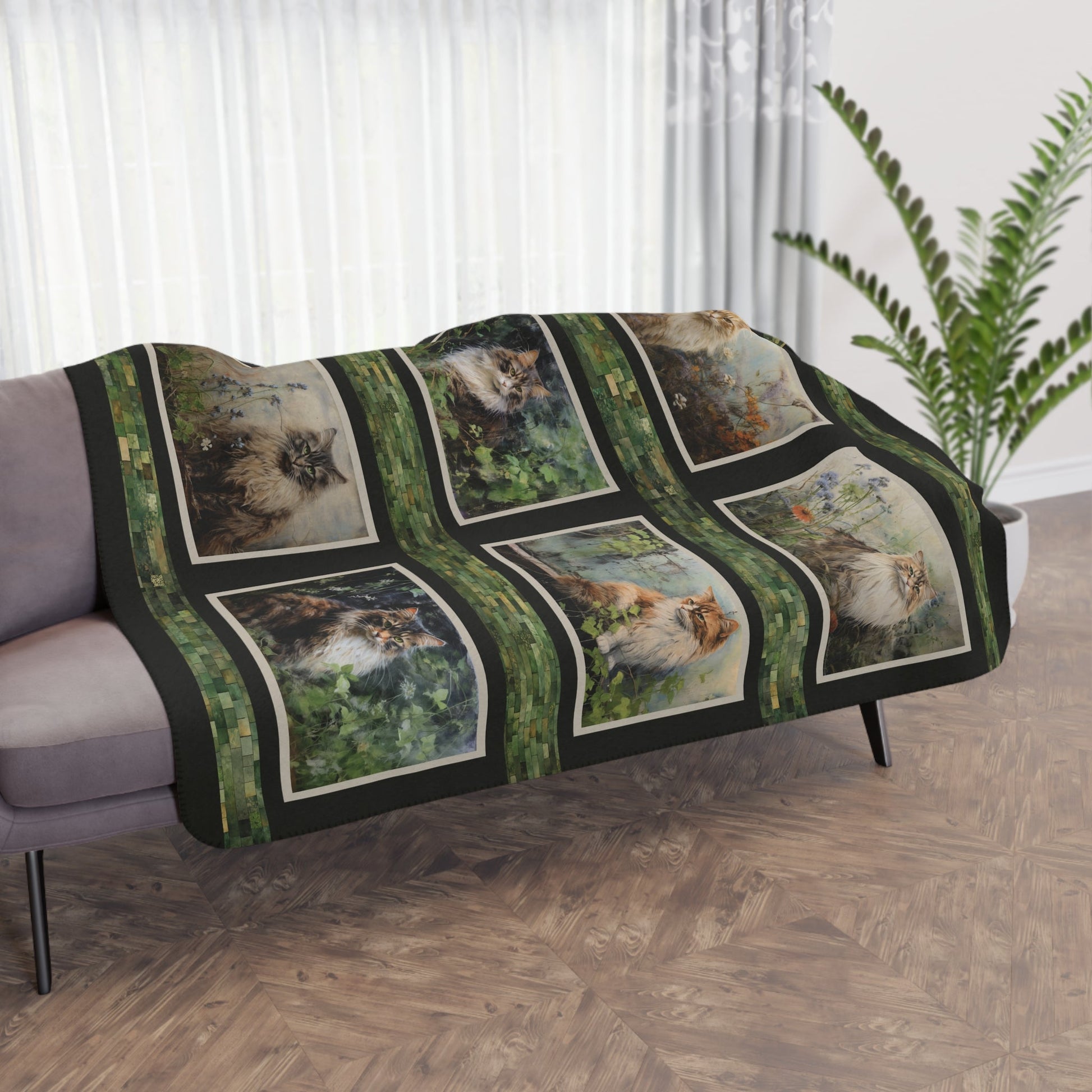 Garden Cat Art Blanket Throw, Cottage Garden Cats Gallery Coverlet - Garden Lover - FlooredByArt