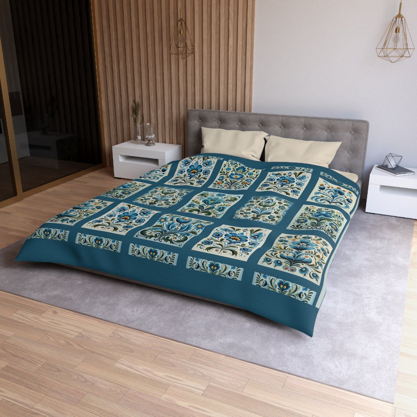 King - Queen Duvet - Scandi Blue Folk Art Design, Original Scandinavian Style Coverlet - FlooredByArt