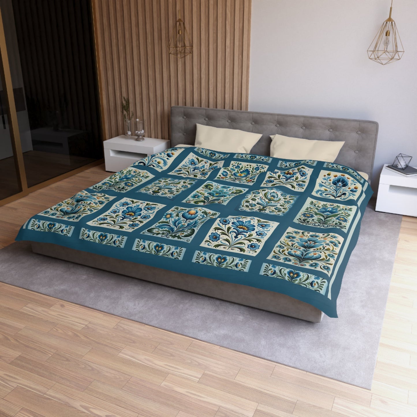 King - Queen Duvet - Scandi Blue Folk Art Design, Original Scandinavian Style Coverlet - FlooredByArt