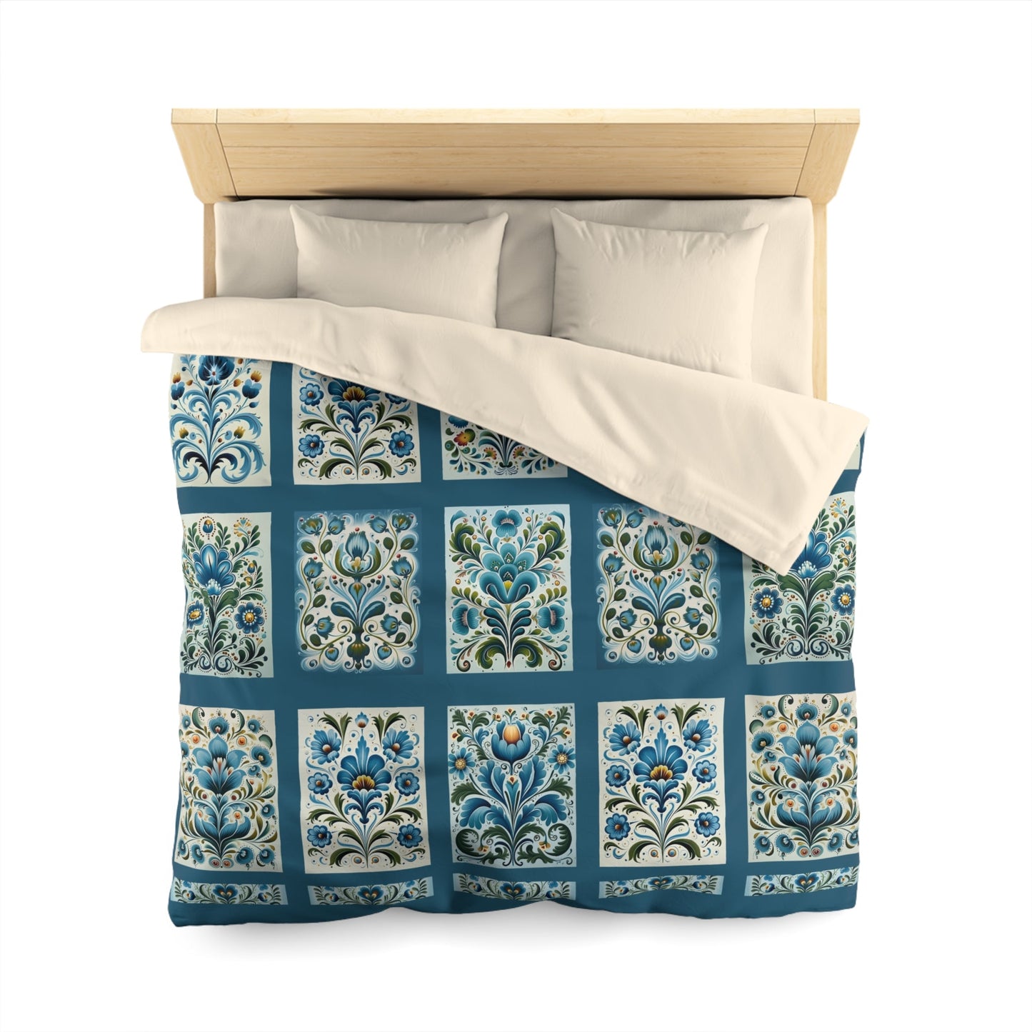 King - Queen Duvet - Scandi Blue Folk Art Design, Original Scandinavian Style Coverlet - FlooredByArt