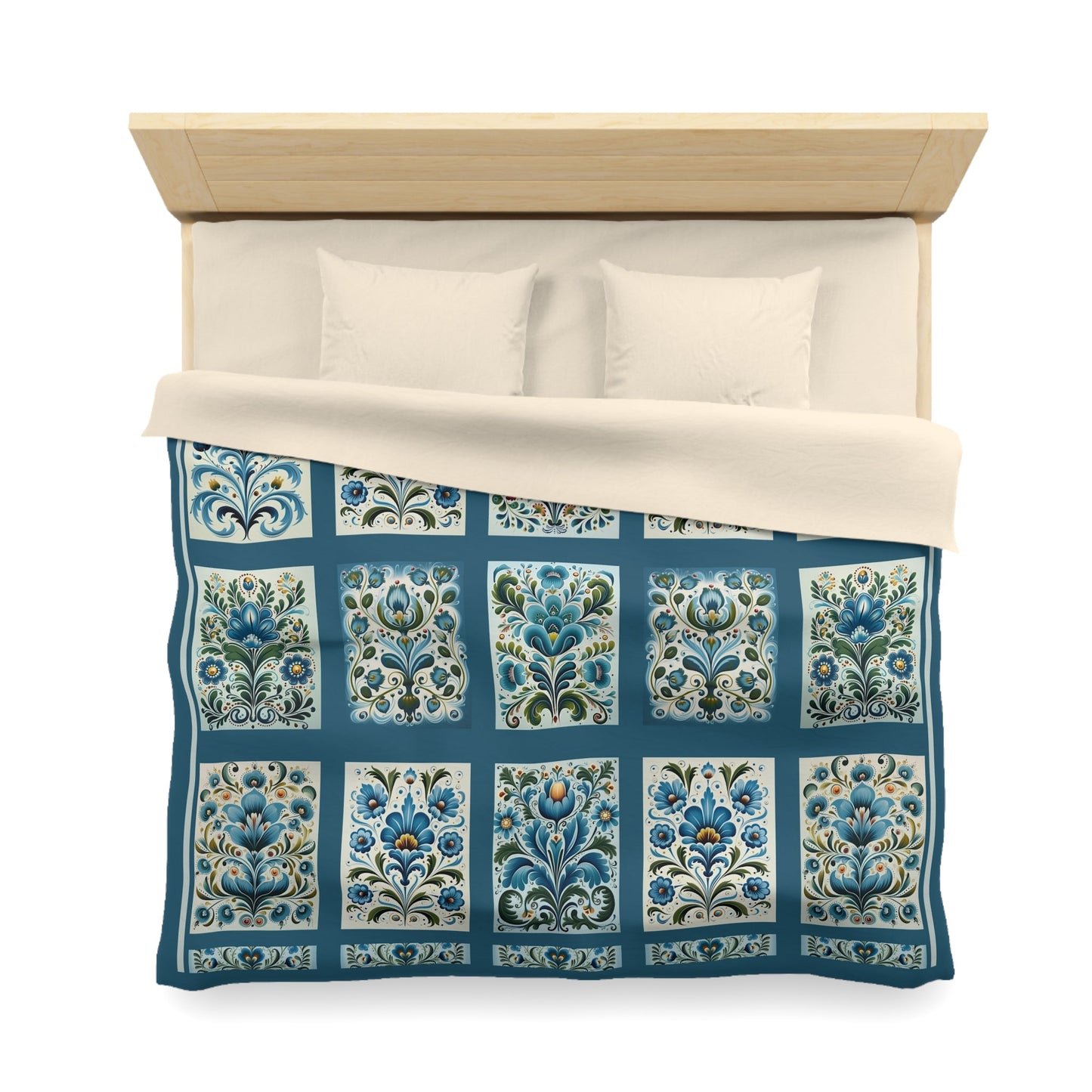 King - Queen Duvet - Scandi Blue Folk Art Design, Original Scandinavian Style Coverlet - FlooredByArt