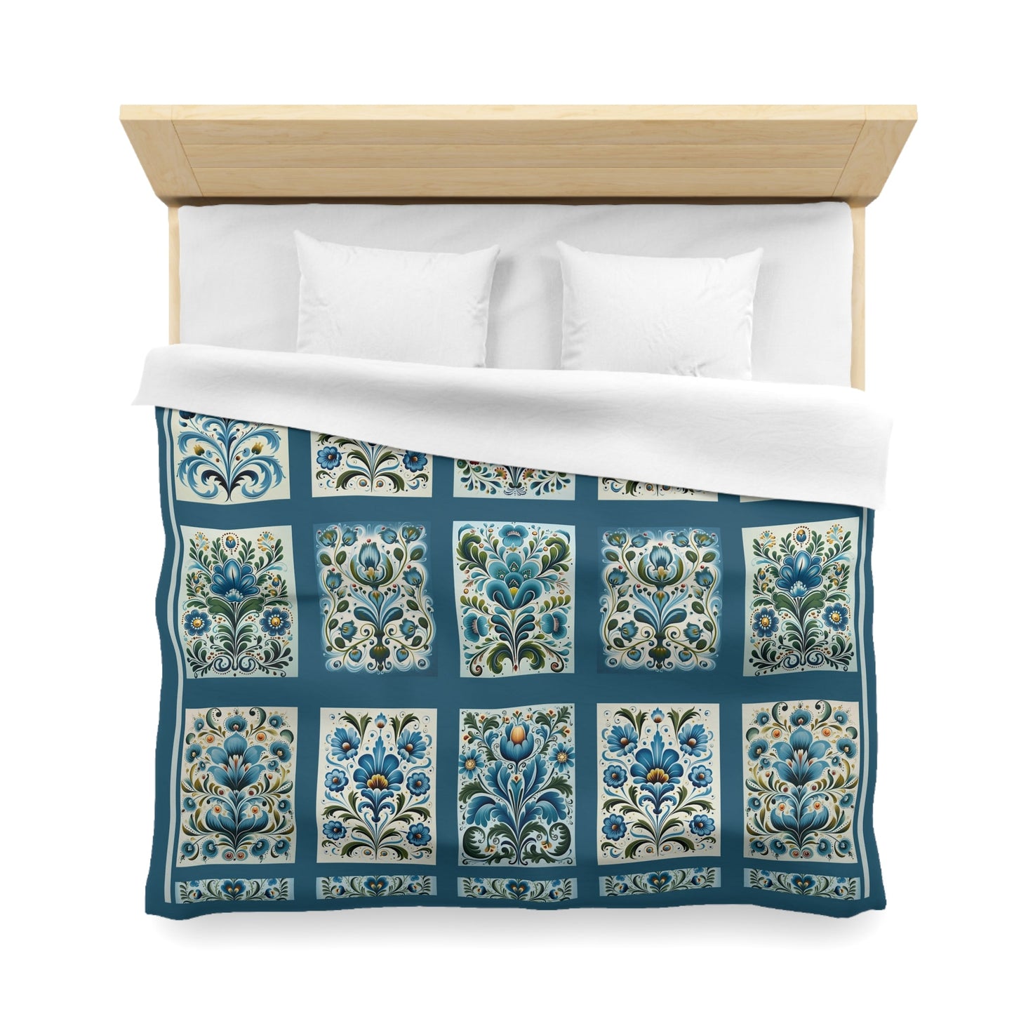 King - Queen Duvet - Scandi Blue Folk Art Design, Original Scandinavian Style Coverlet - FlooredByArt