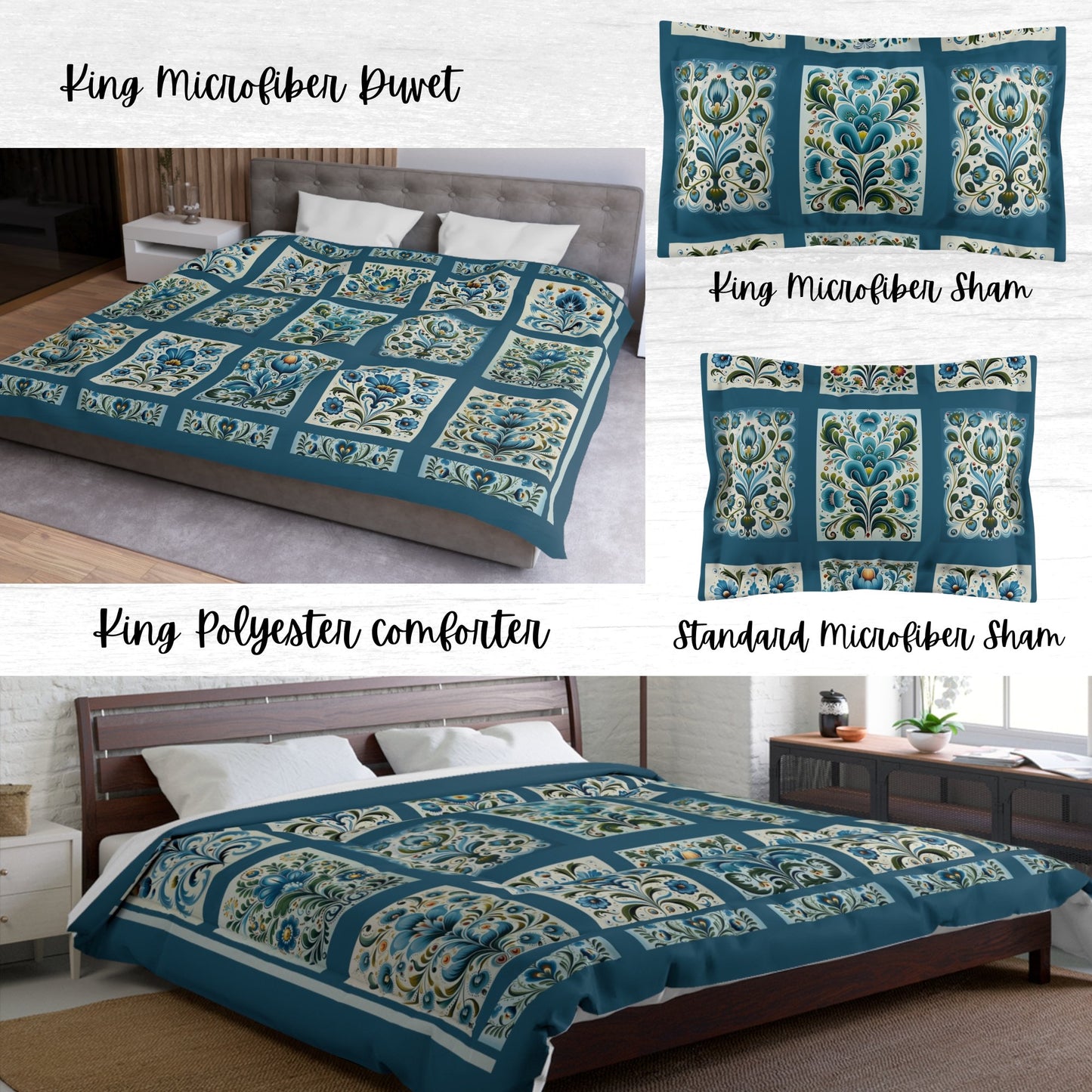 King - Queen Duvet - Scandi Blue Folk Art Design, Original Scandinavian Style Coverlet - FlooredByArt