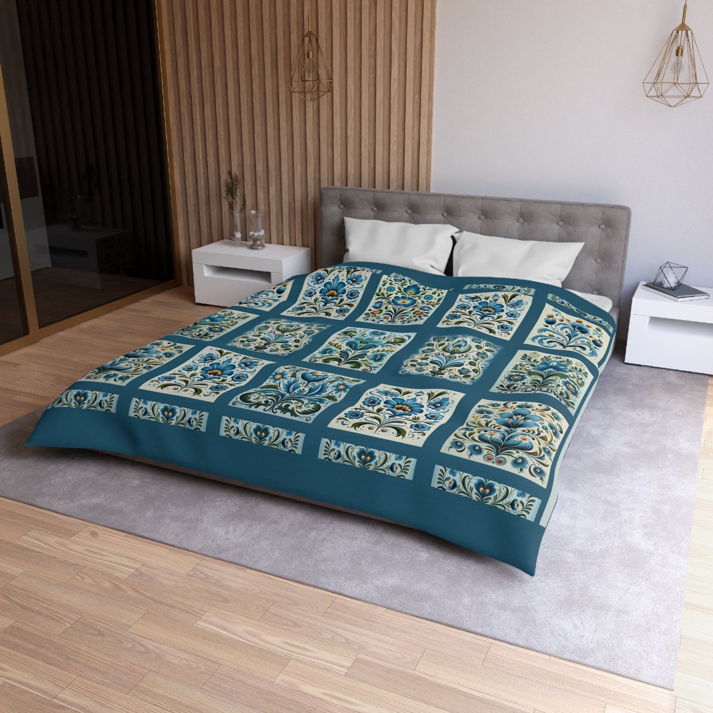 King - Queen Duvet - Scandi Blue Folk Art Design, Original Scandinavian Style Coverlet - FlooredByArt