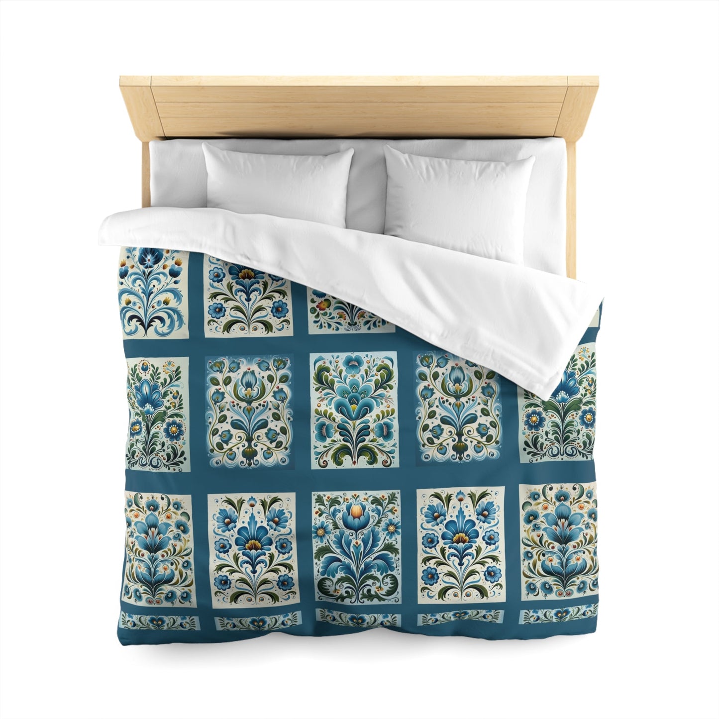 King - Queen Duvet - Scandi Blue Folk Art Design, Original Scandinavian Style Coverlet - FlooredByArt