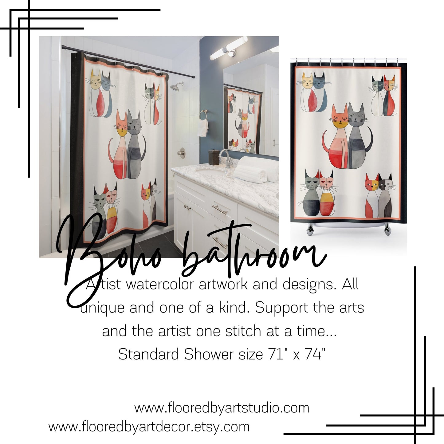 Modern Cats Shower Curtain, Boho MCM Style Bathroom Decor, Atomic Cat Design - FlooredByArt