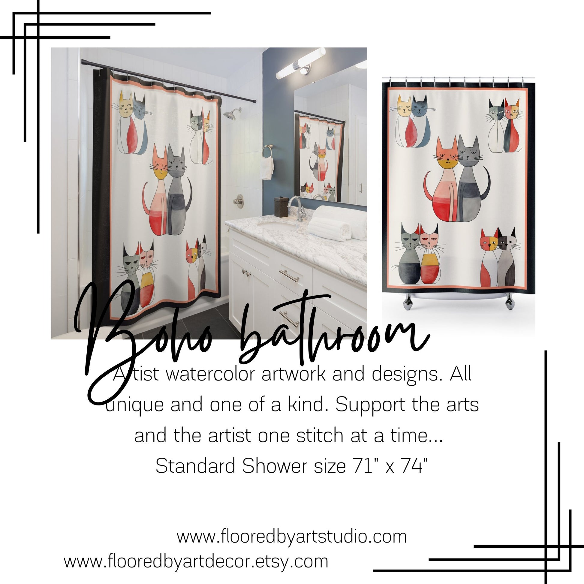 Modern Cats Shower Curtain, Boho MCM Style Bathroom Decor, Atomic Cat Design - FlooredByArt