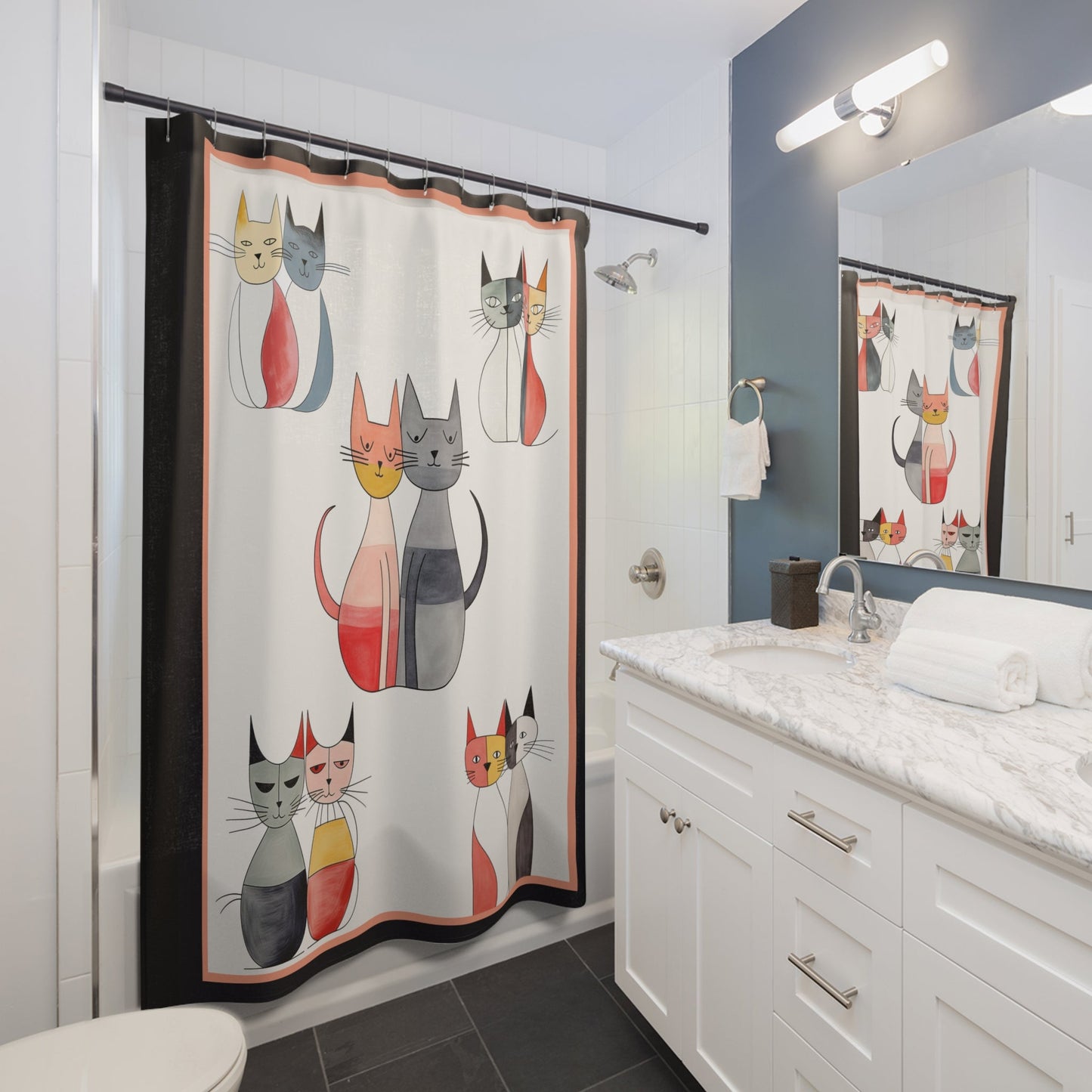 Modern Cats Shower Curtain, Boho MCM Style Bathroom Decor, Unique Interior Design, Black and White Luxury Water Resistant Accessory - FlooredByArt