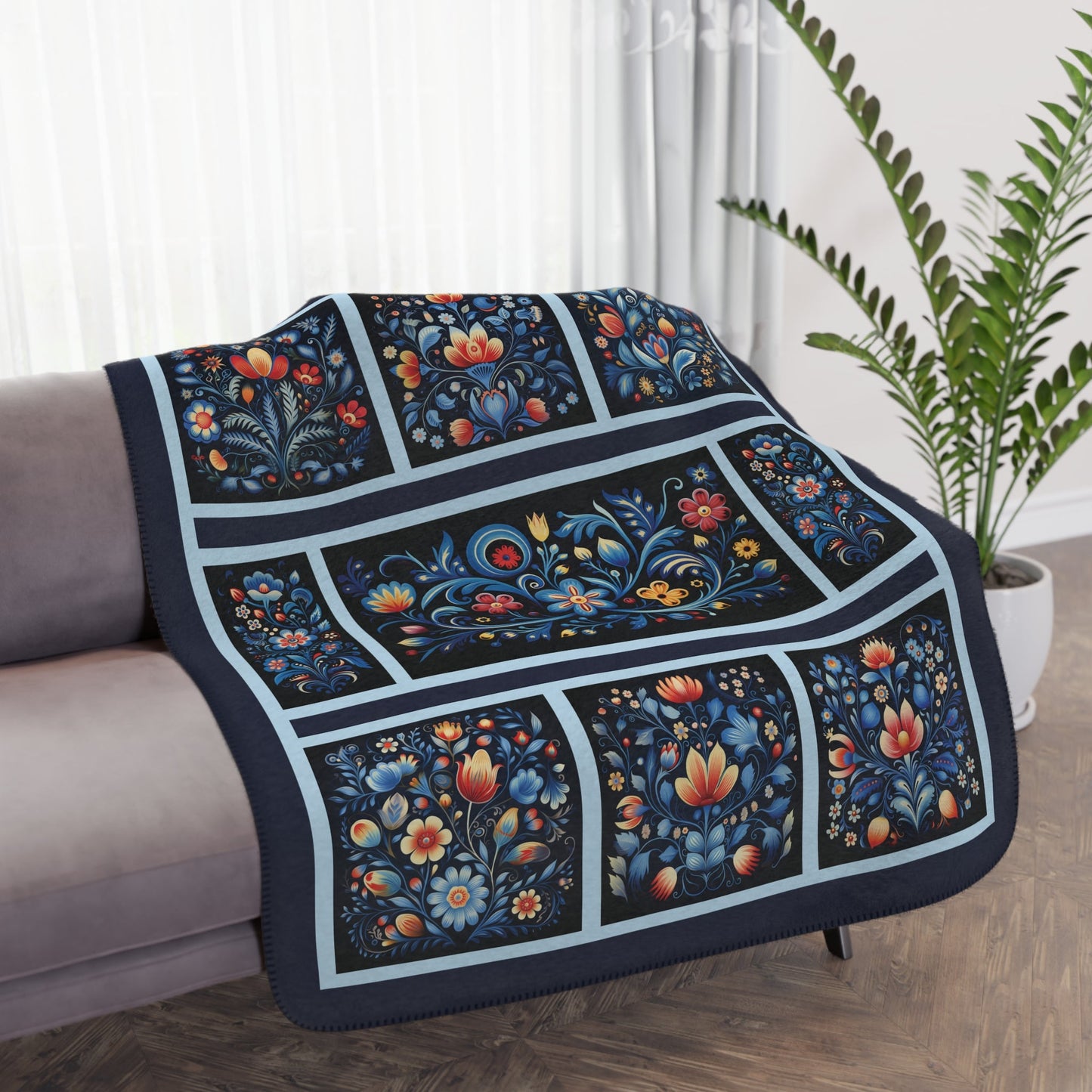 Navy Blue Scandi Folk Art Blanket, Scandinavian Art - Folk Art - Rosemaling - FlooredByArt