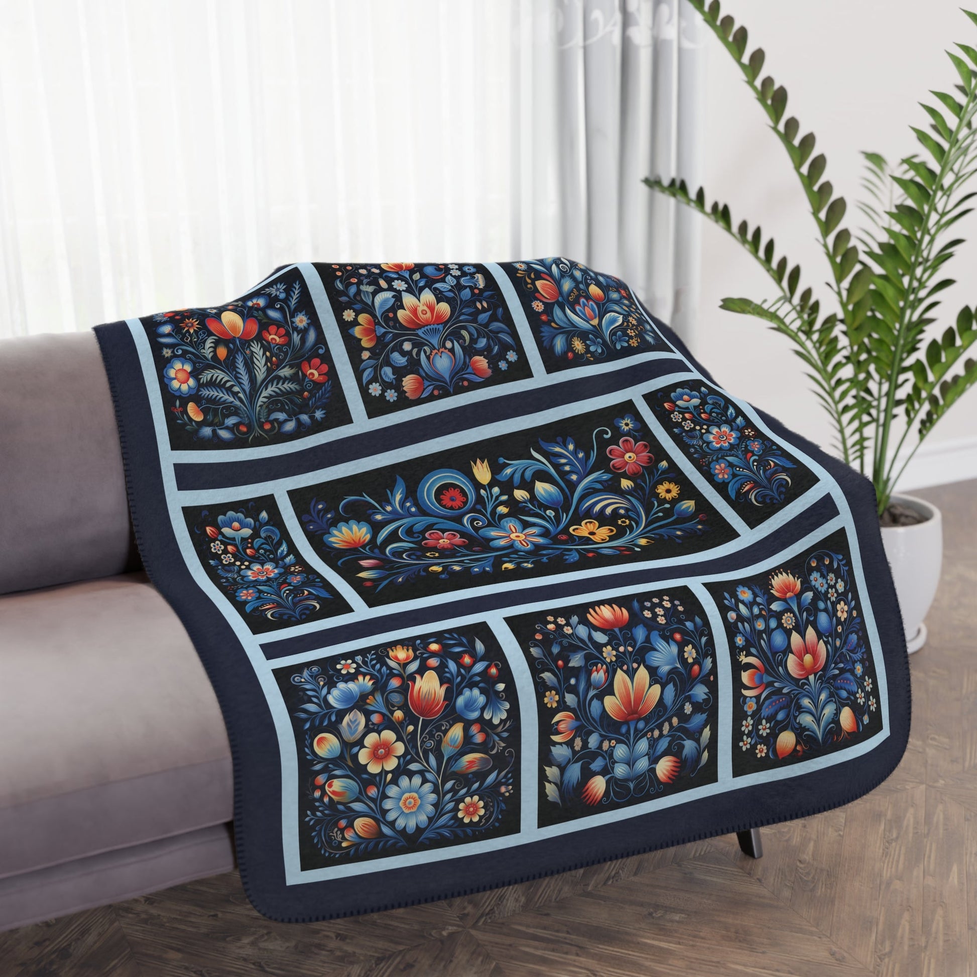 Navy Blue Scandi Folk Art Blanket, Scandinavian Art - Folk Art - Rosemaling - FlooredByArt