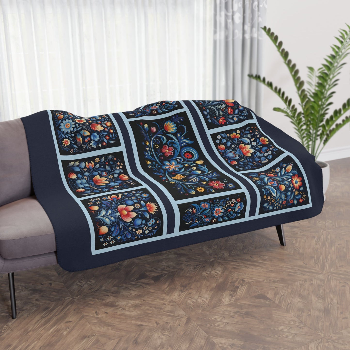 Navy Blue Scandi Folk Art Blanket, Scandinavian Art - Folk Art - Rosemaling - FlooredByArt