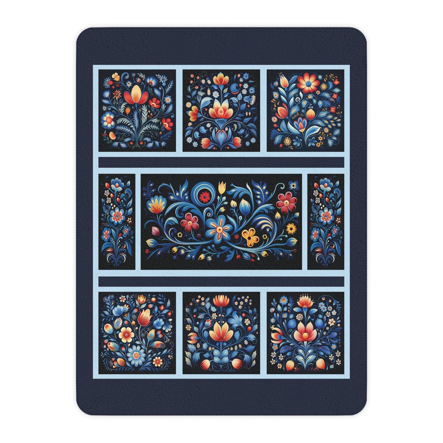 Navy Blue Scandi Folk Art Blanket, Scandinavian Art - Folk Art - Rosemaling - FlooredByArt