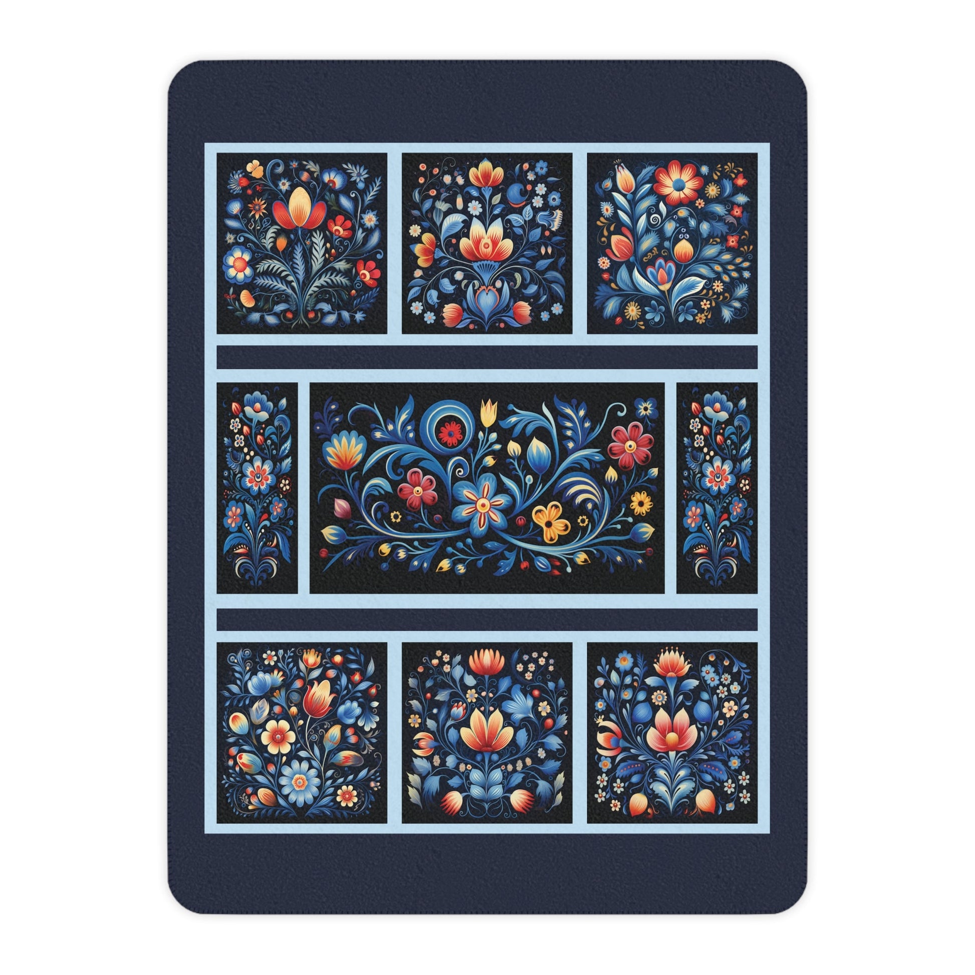 Navy Blue Scandi Folk Art Blanket, Scandinavian Art - Folk Art - Rosemaling - FlooredByArt