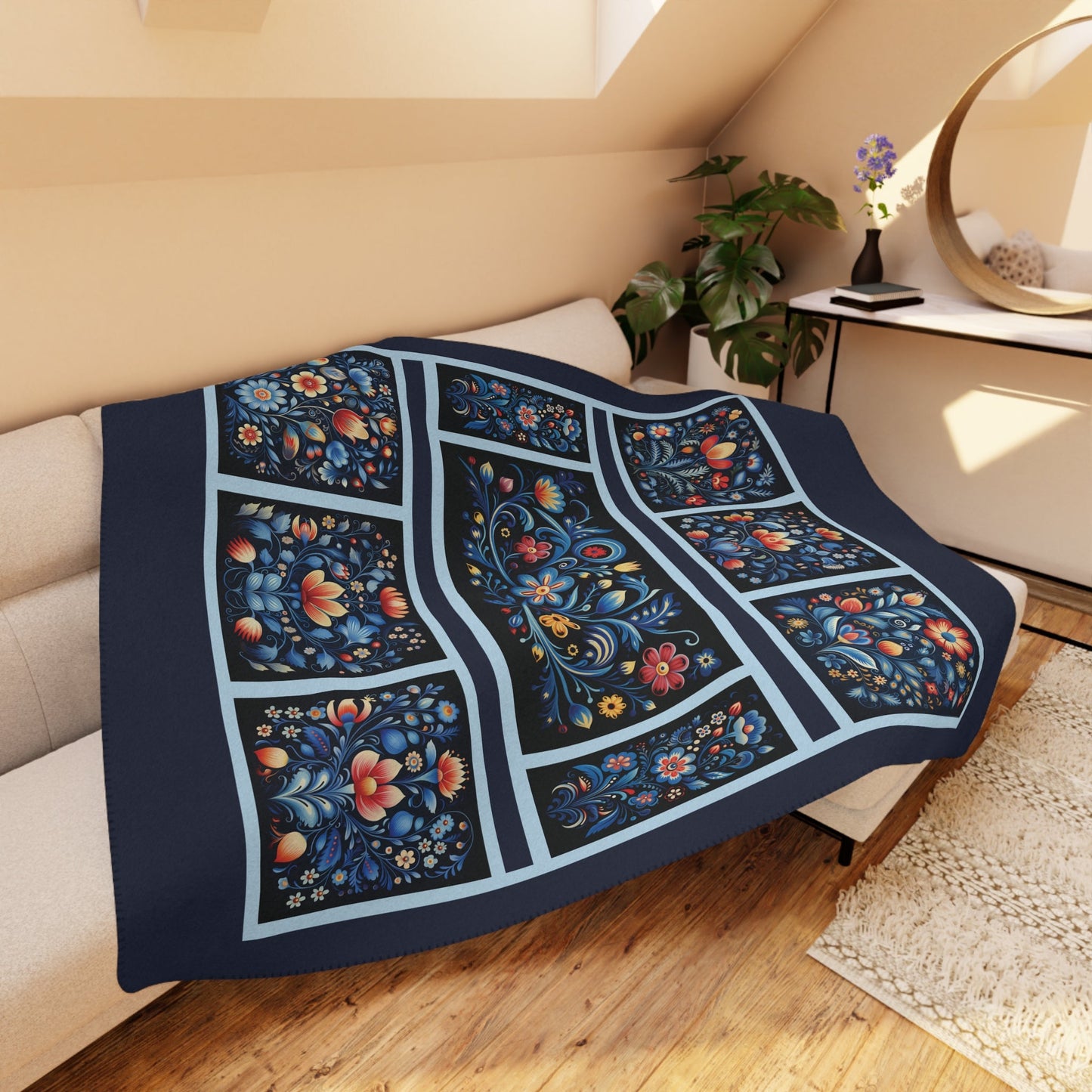 Navy Blue Scandi Folk Art Blanket, Scandinavian Art - Folk Art - Rosemaling - FlooredByArt