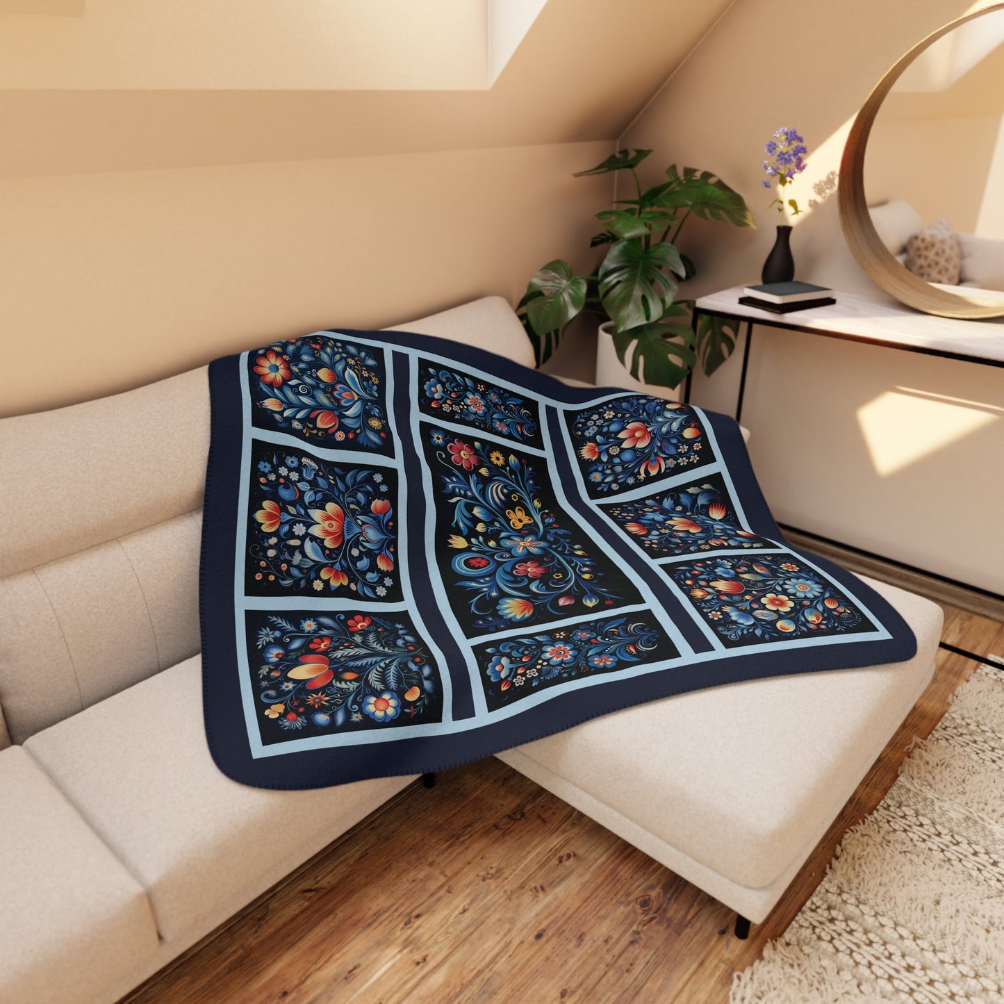 Navy Blue Scandi Folk Art Blanket, Scandinavian Art - Folk Art - Rosemaling - FlooredByArt