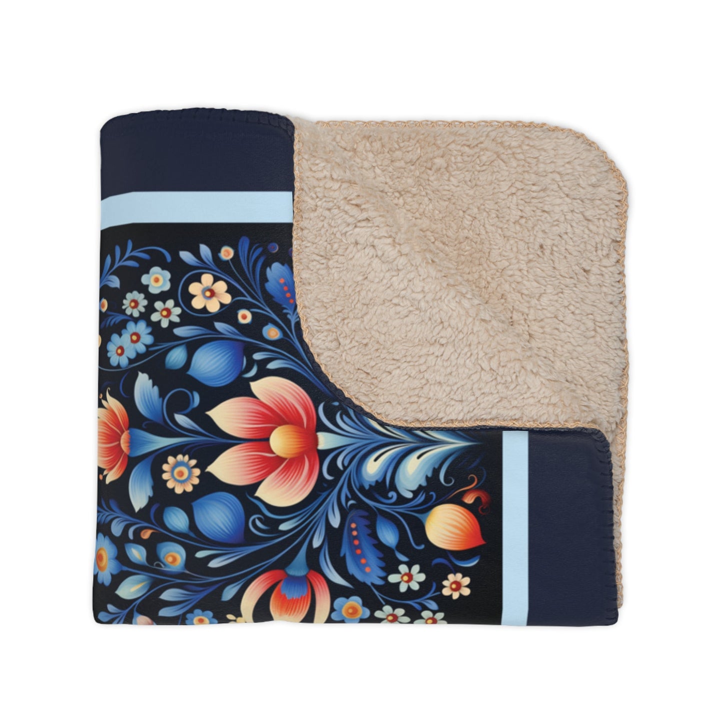 Navy Blue Scandi Folk Art Blanket, Scandinavian Art - Folk Art - Rosemaling - FlooredByArt