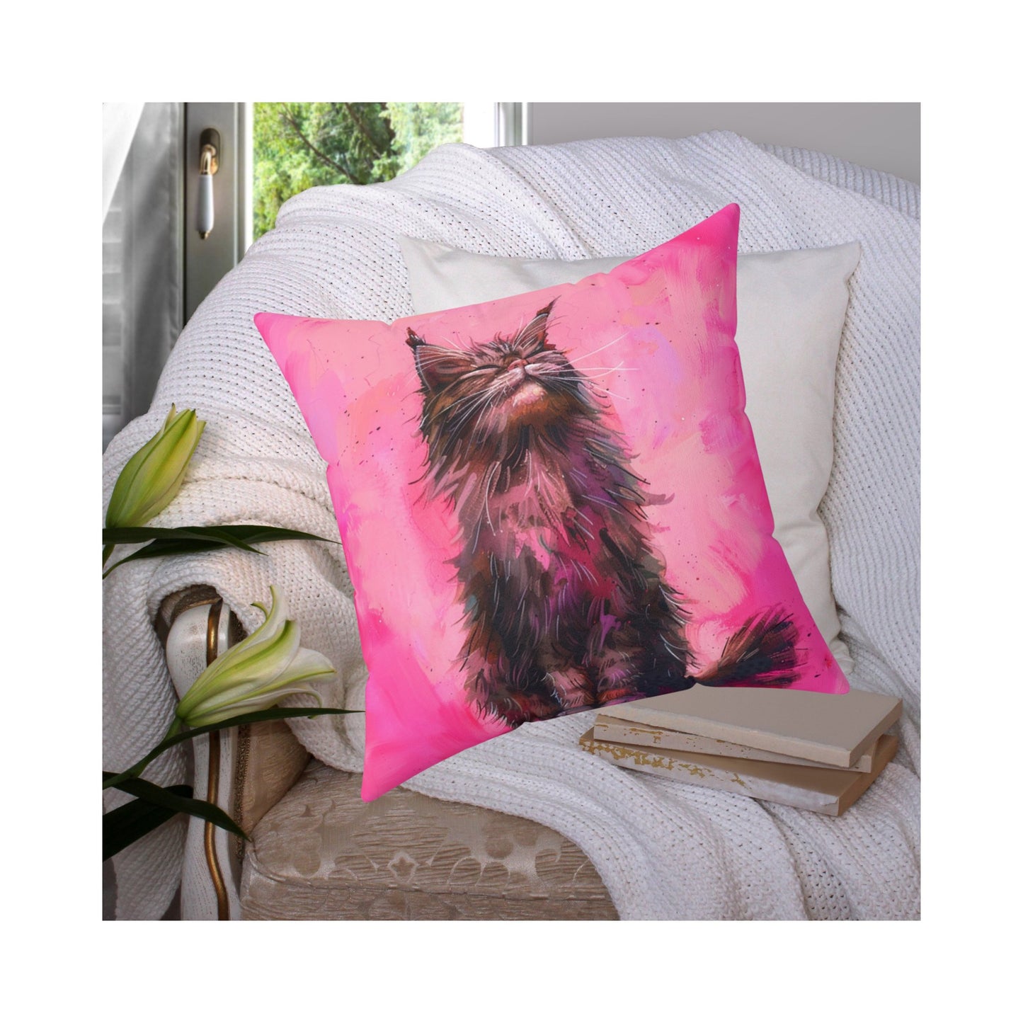 Original "Pink Bliss" Cat Pillow, Watercolor, Hot Pink Black Cat Bliss Pillow - FlooredByArt