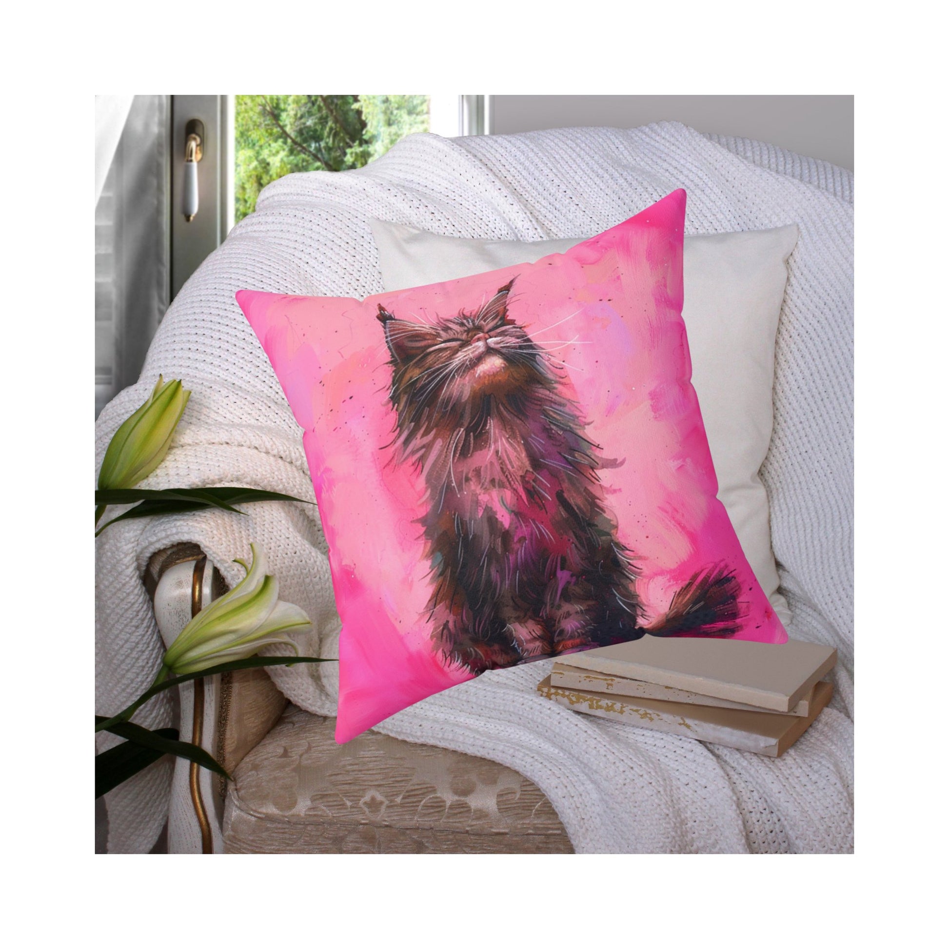 Original "Pink Bliss" Cat Pillow, Watercolor, Hot Pink Black Cat Bliss Pillow - FlooredByArt