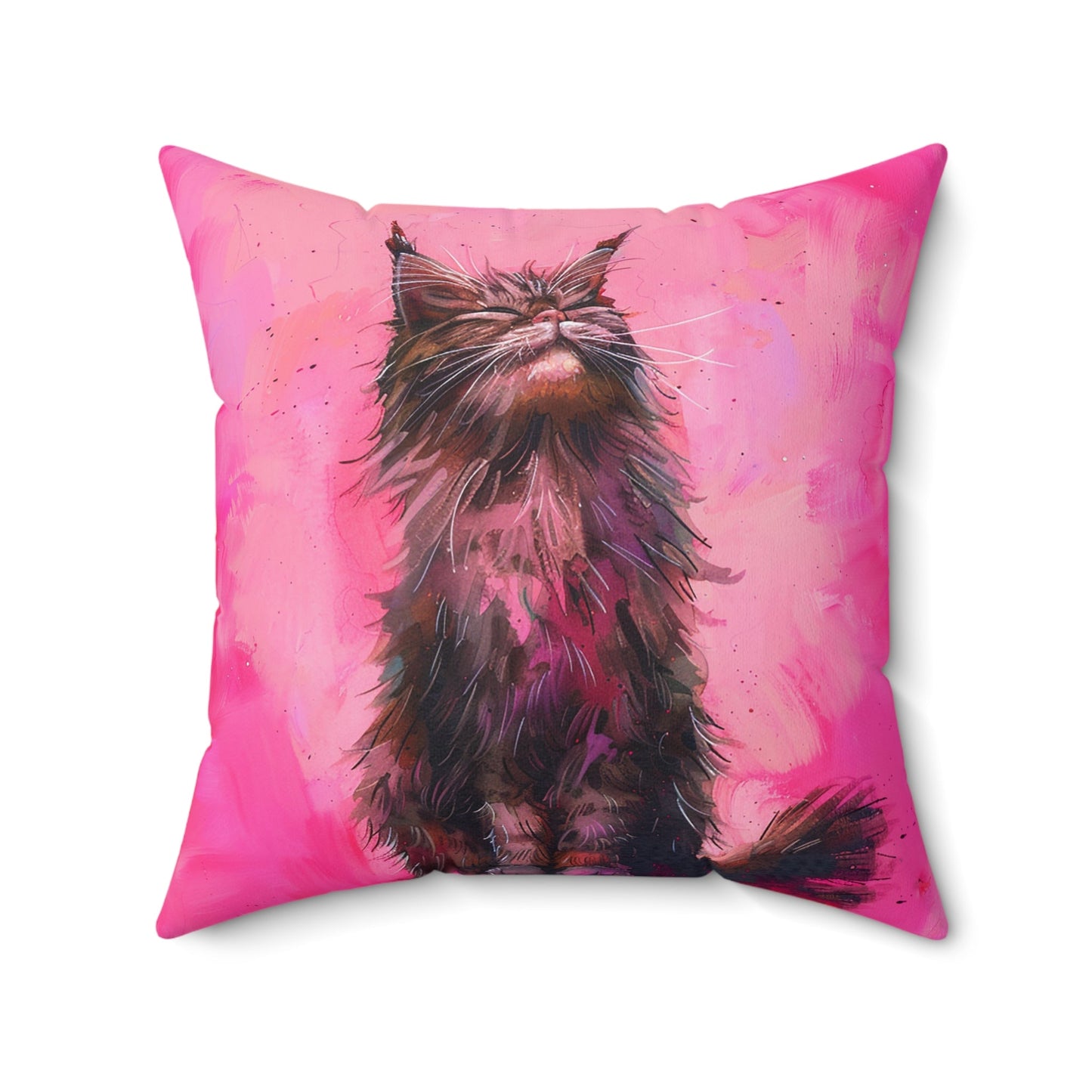 Original "Pink Bliss" Cat Pillow, Watercolor, Hot Pink Black Cat Bliss Pillow - FlooredByArt