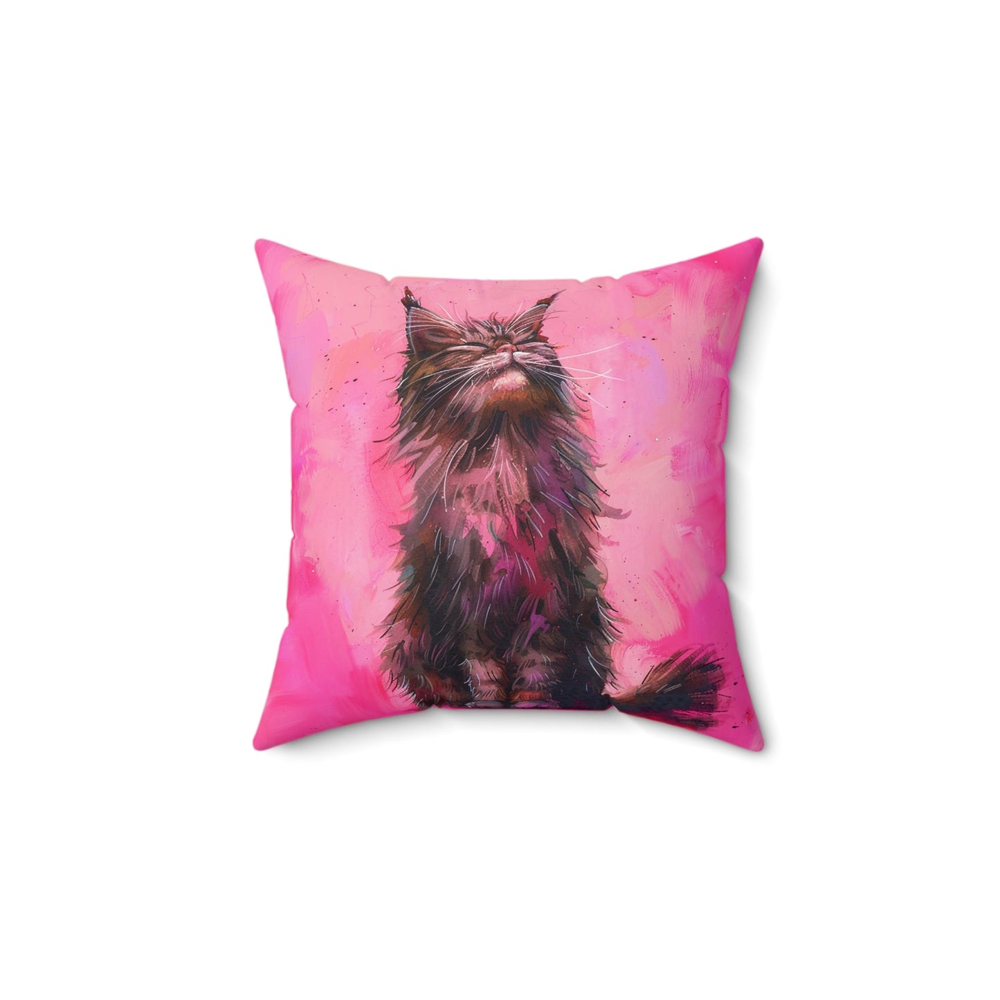 Original "Pink Bliss" Cat Pillow, Watercolor, Hot Pink Black Cat Bliss Pillow - FlooredByArt