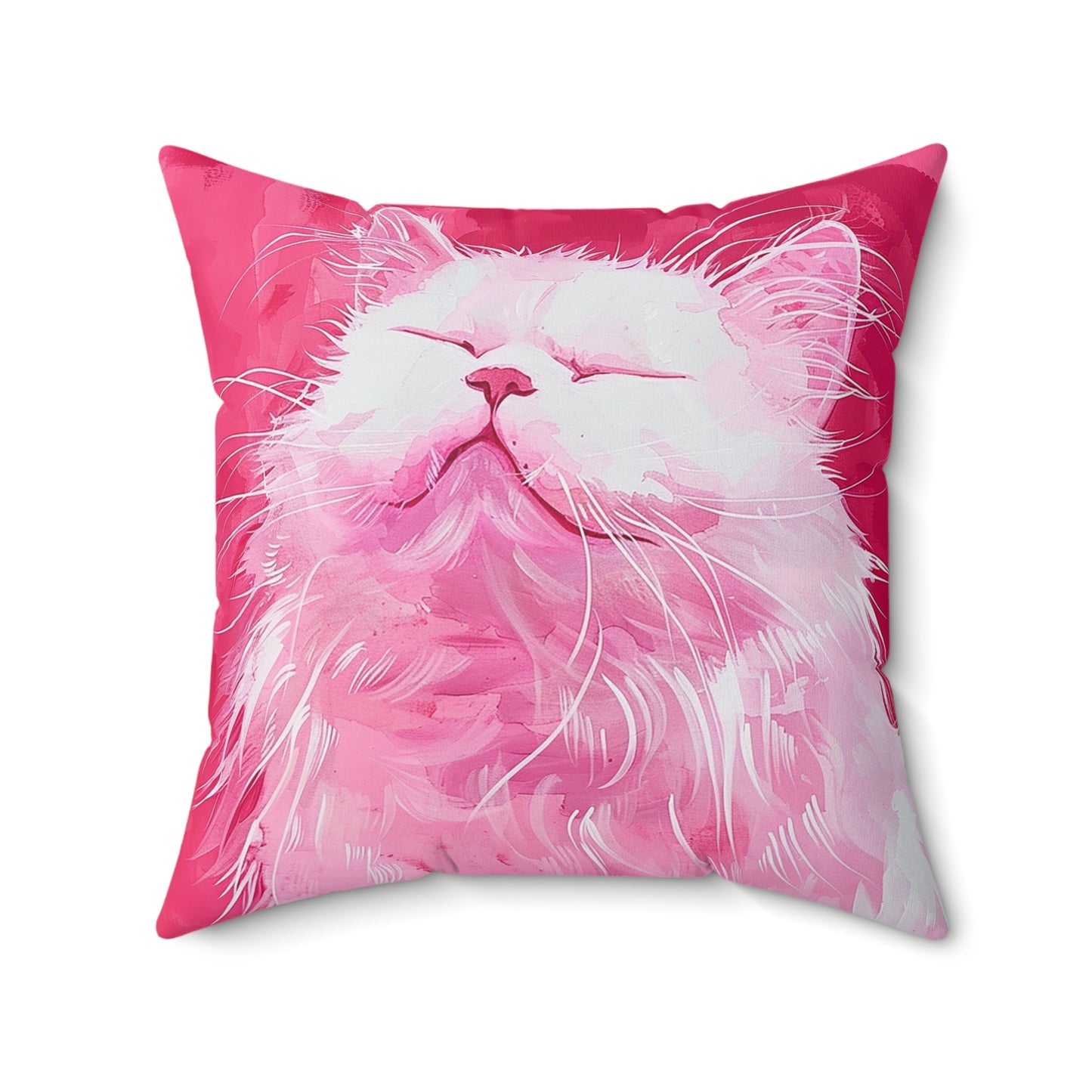 Original "Pink Bliss" Cat Pillow, Watercolor, Hot Pink White Cat Pillow - FlooredByArt