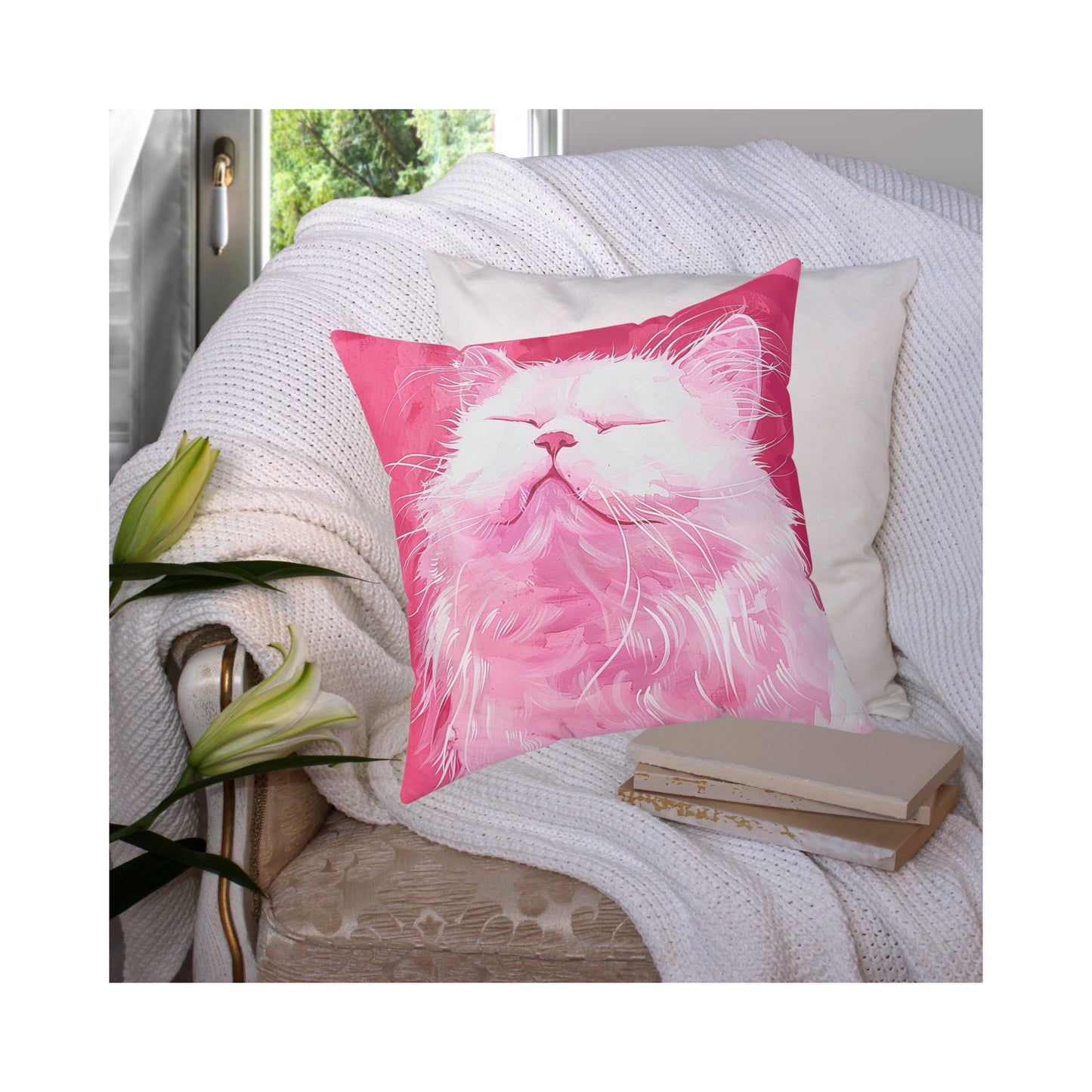 Original "Pink Bliss" Cat Pillow, Watercolor, Hot Pink White Cat Pillow - FlooredByArt