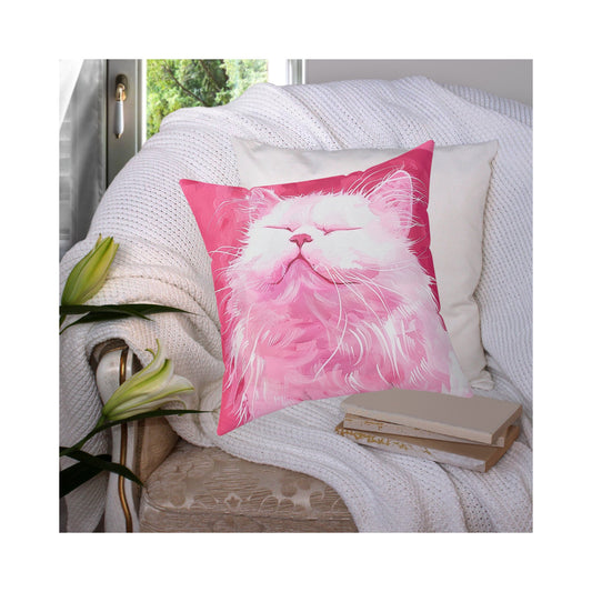 Original "Pink Bliss" Cat Pillow, Watercolor, Hot Pink White Cat Pillow - FlooredByArt