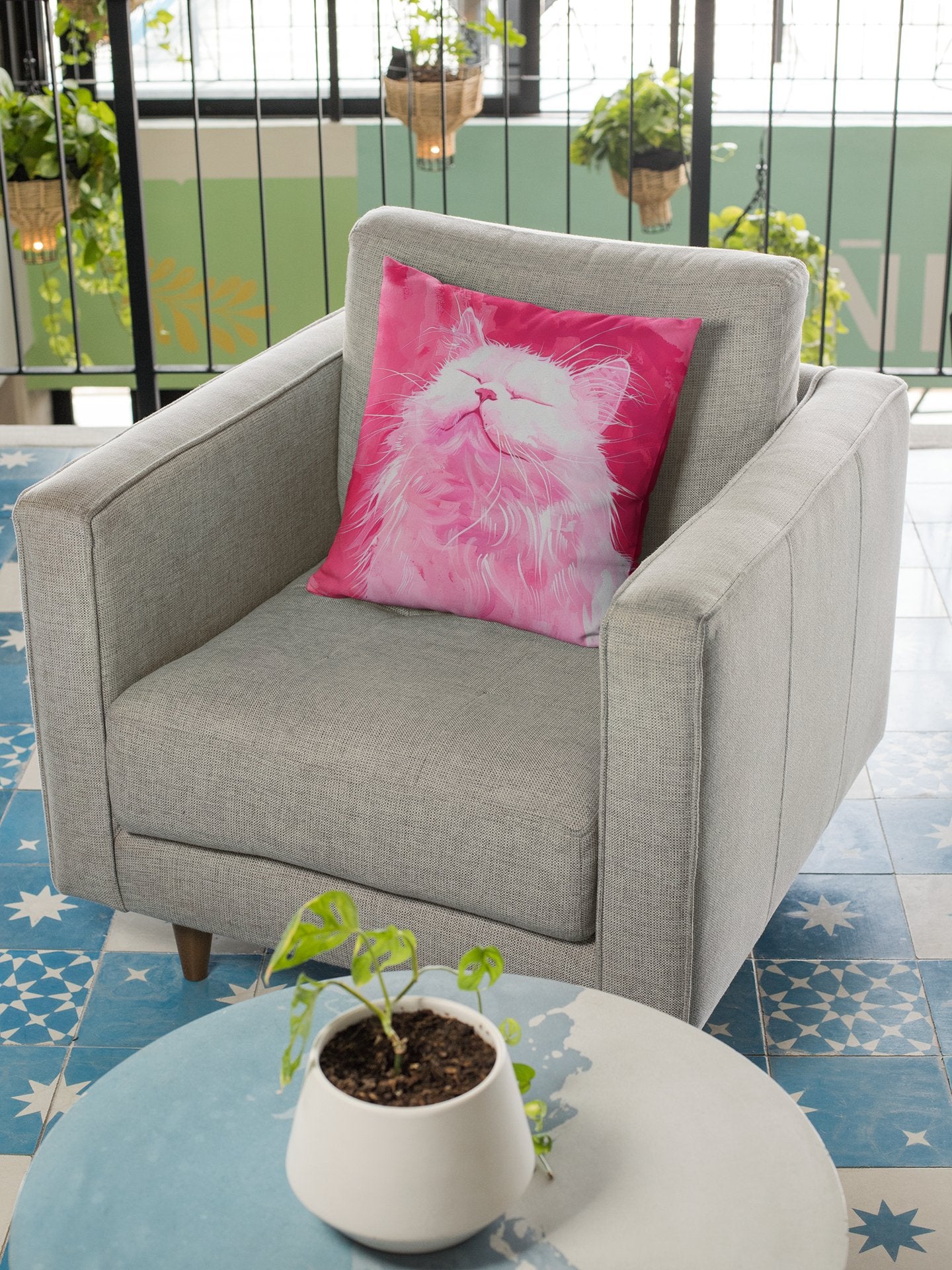 Original "Pink Bliss" Cat Pillow, Watercolor, Hot Pink White Cat Pillow - FlooredByArt