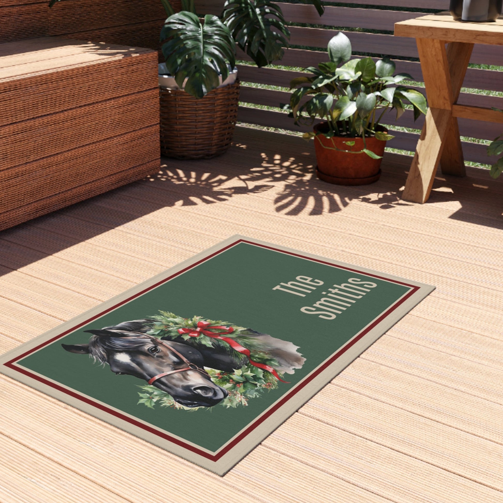 Personalized Black Horse Christmas Indoor Outdoor Rug, Custom Door Mat, Holiday Gift - FlooredByArt