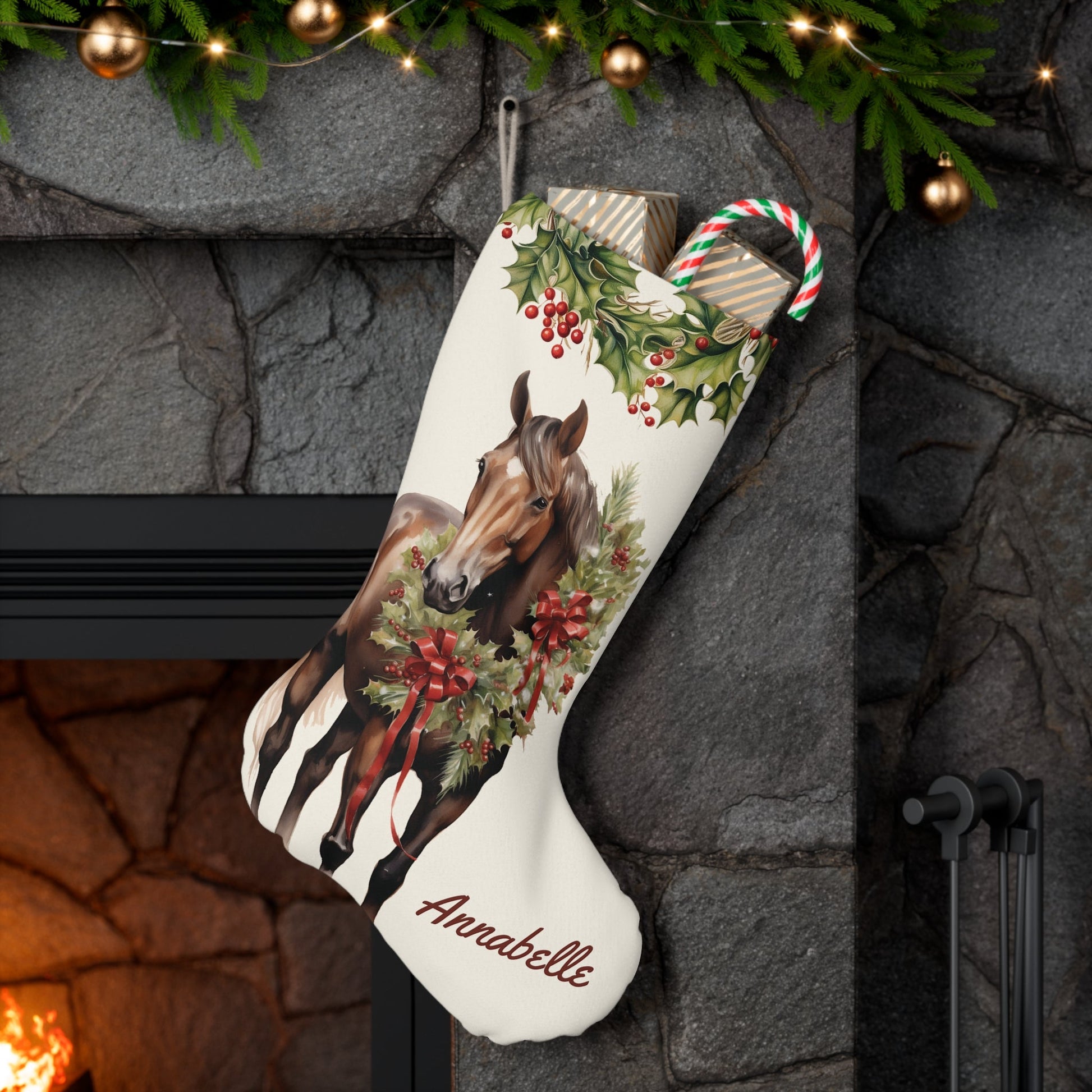 Personalized Brown Bay Christmas Horse #3 Christmas Stocking, Extra Large Holiday Stocking - FlooredByArt