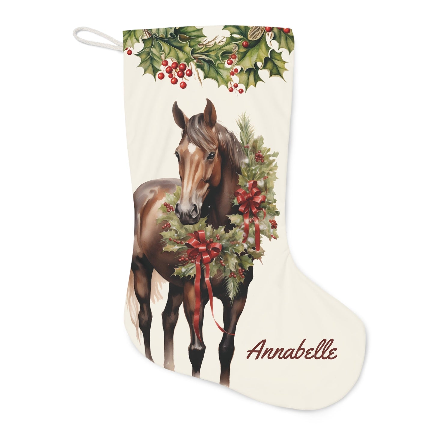 Personalized Brown Bay Christmas Horse #3 Christmas Stocking, Extra Large Holiday Stocking - FlooredByArt
