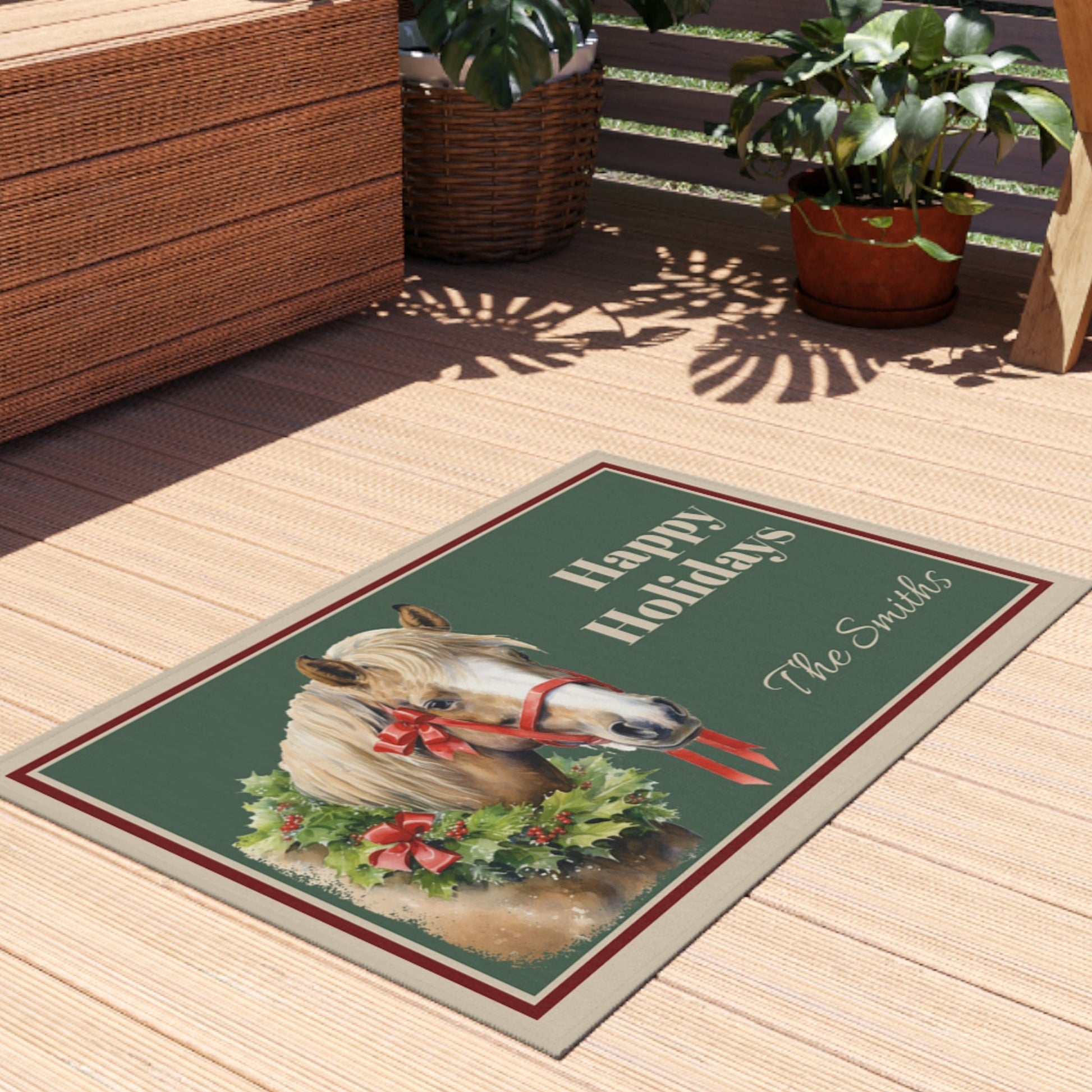 Personalized Chrismas Horse Doormat, Cute Shetland Pony, Indoor Outdoor Rug, Name Holiday Gift - FlooredByArt