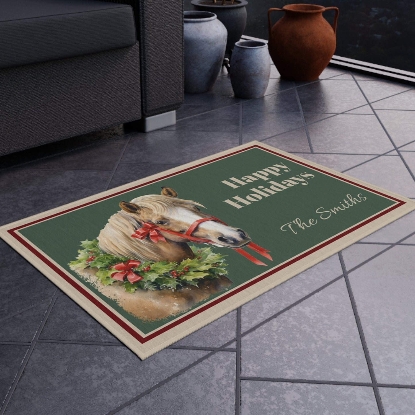 Personalized Chrismas Horse Doormat, Cute Shetland Pony, Indoor Outdoor Rug, Name Holiday Gift - FlooredByArt
