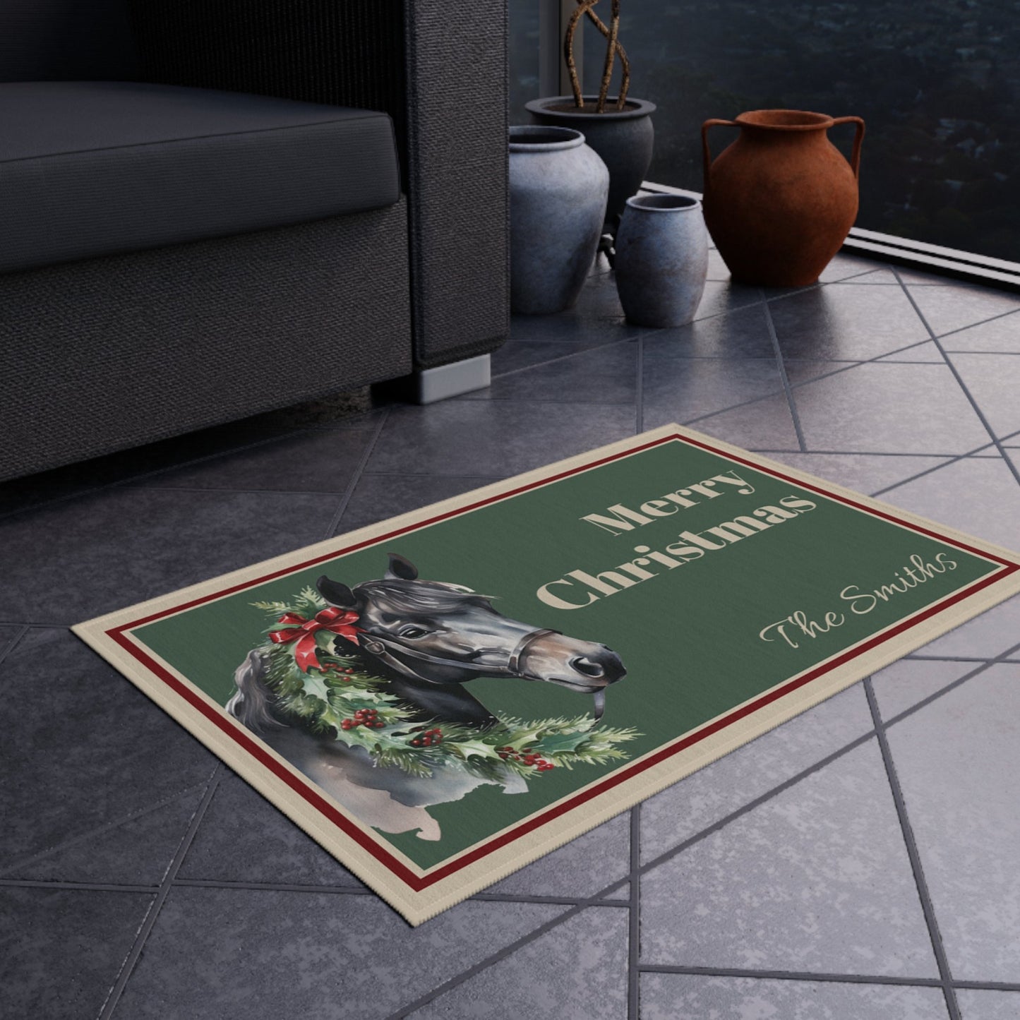 Personalized Chrismas Horse Doormat, Dark Horse Indoor Outdoor Rug, Custom Mat, Holiday Gift - FlooredByArt