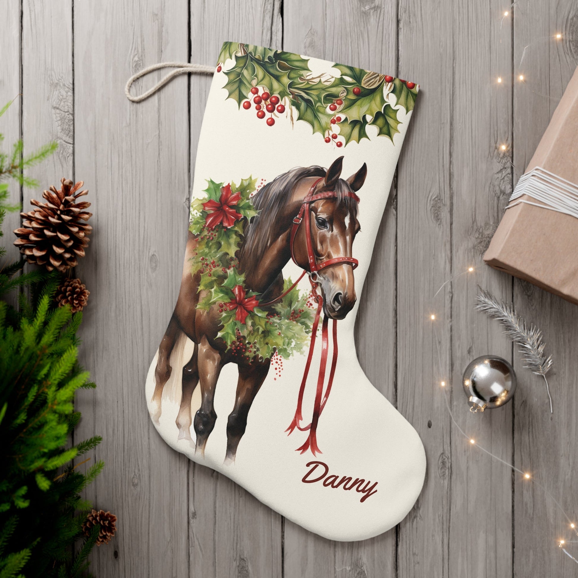 Personalized Christmas Brown Horse Christmas Stocking, XL Holiday Stocking - FlooredByArt