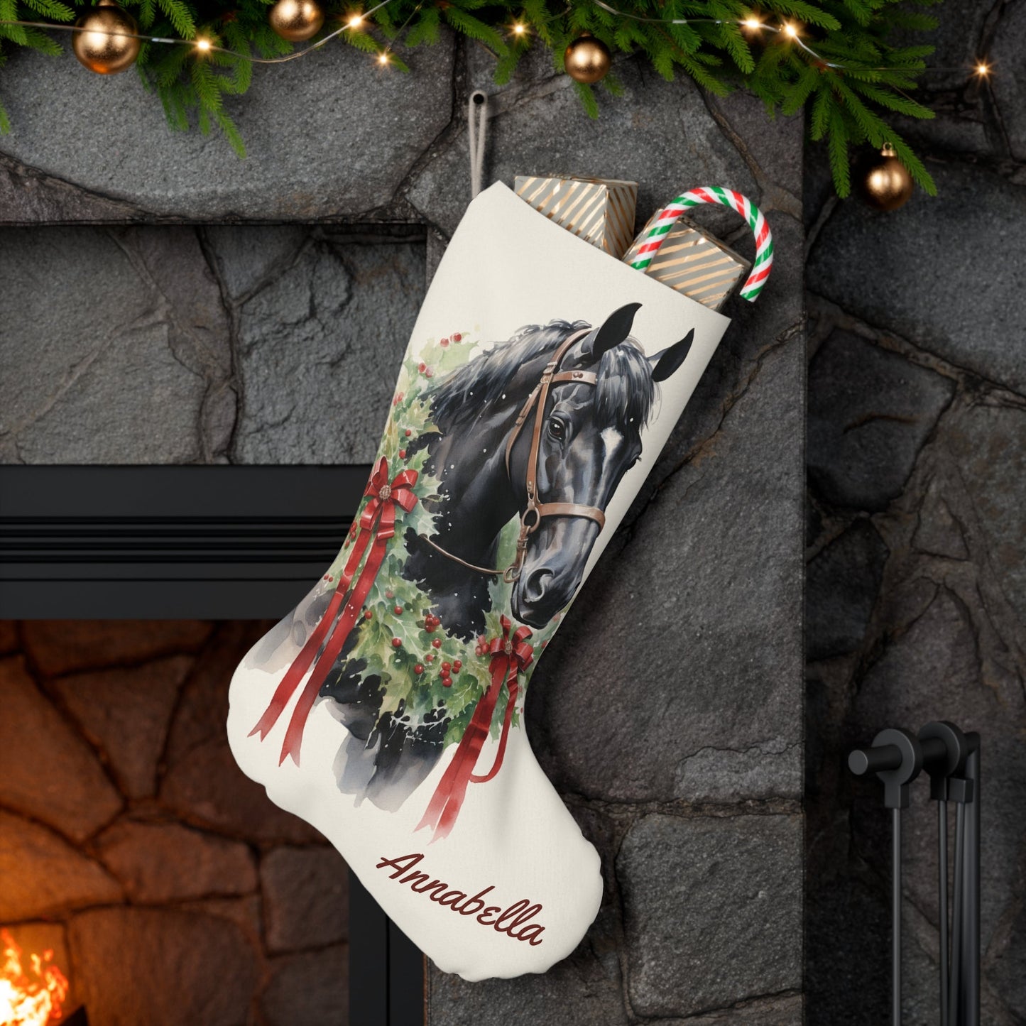 Personalized Christmas Horse Christmas Stocking, Extra Large Holiday Stocking - FlooredByArt