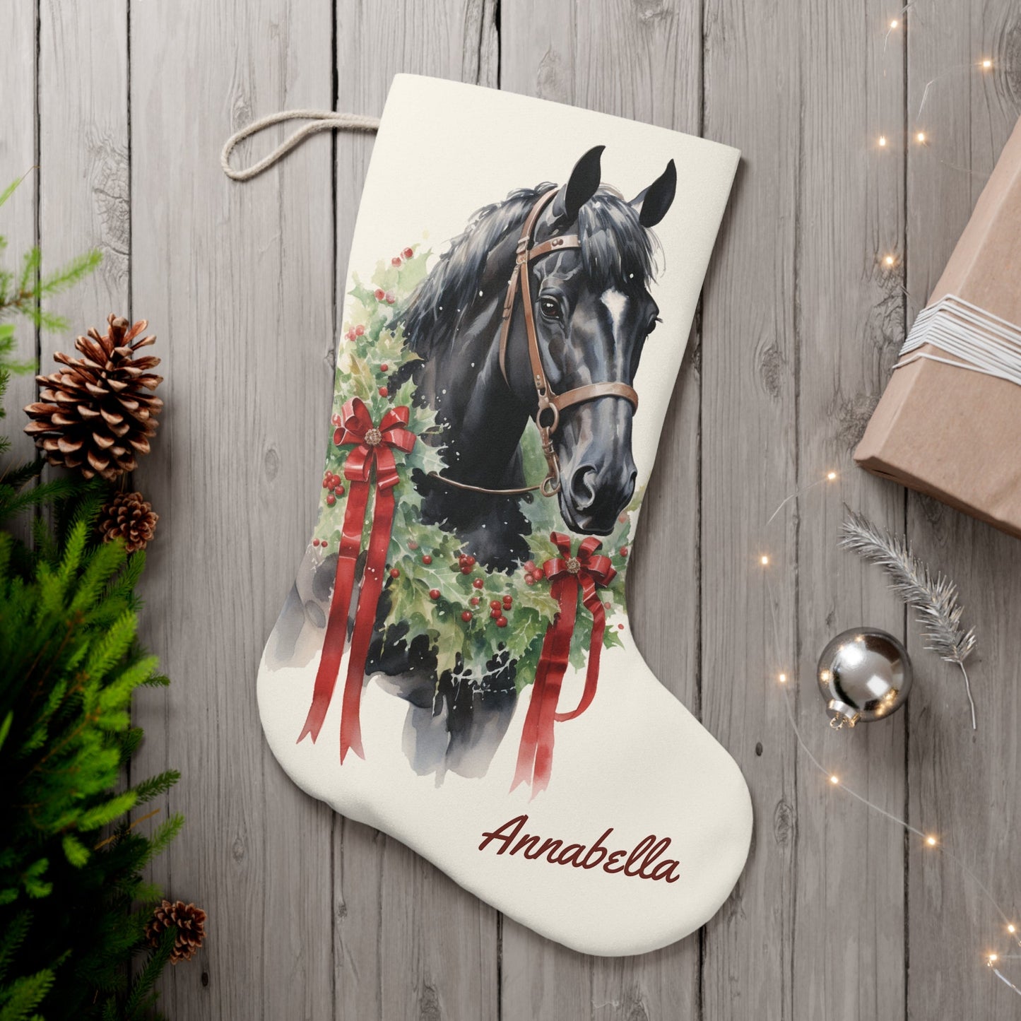 Personalized Christmas Horse Christmas Stocking, Extra Large Holiday Stocking - FlooredByArt