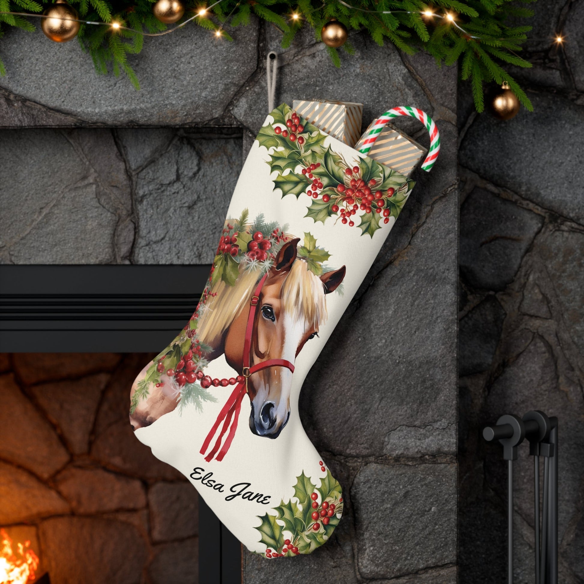 Personalized Christmas Horse Stocking, Belgium Sorrel Draft Horse Holiday Stocking - FlooredByArt