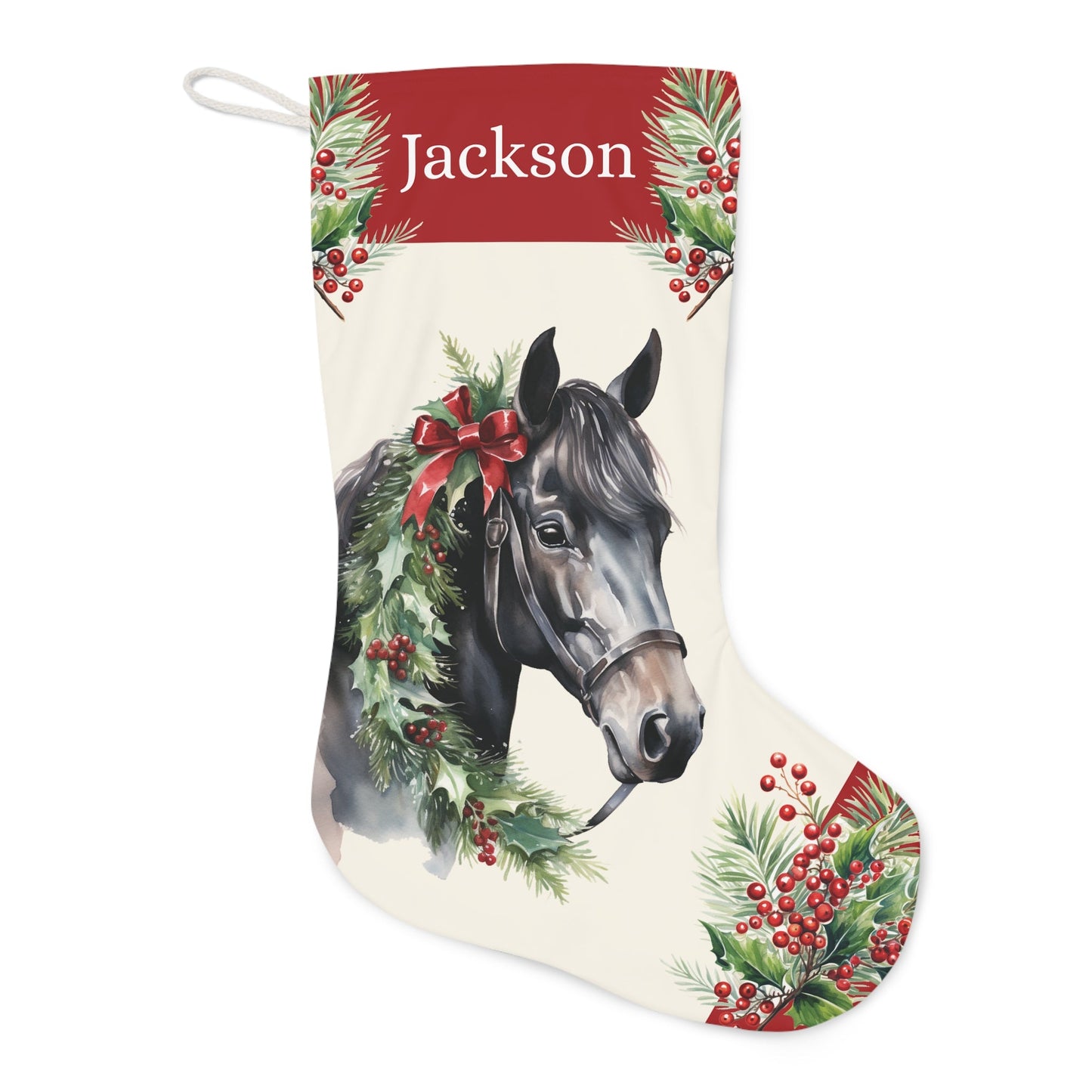 Personalized Christmas Horse Stocking, Black Horse Extra Large Holiday Stocking - FlooredByArt