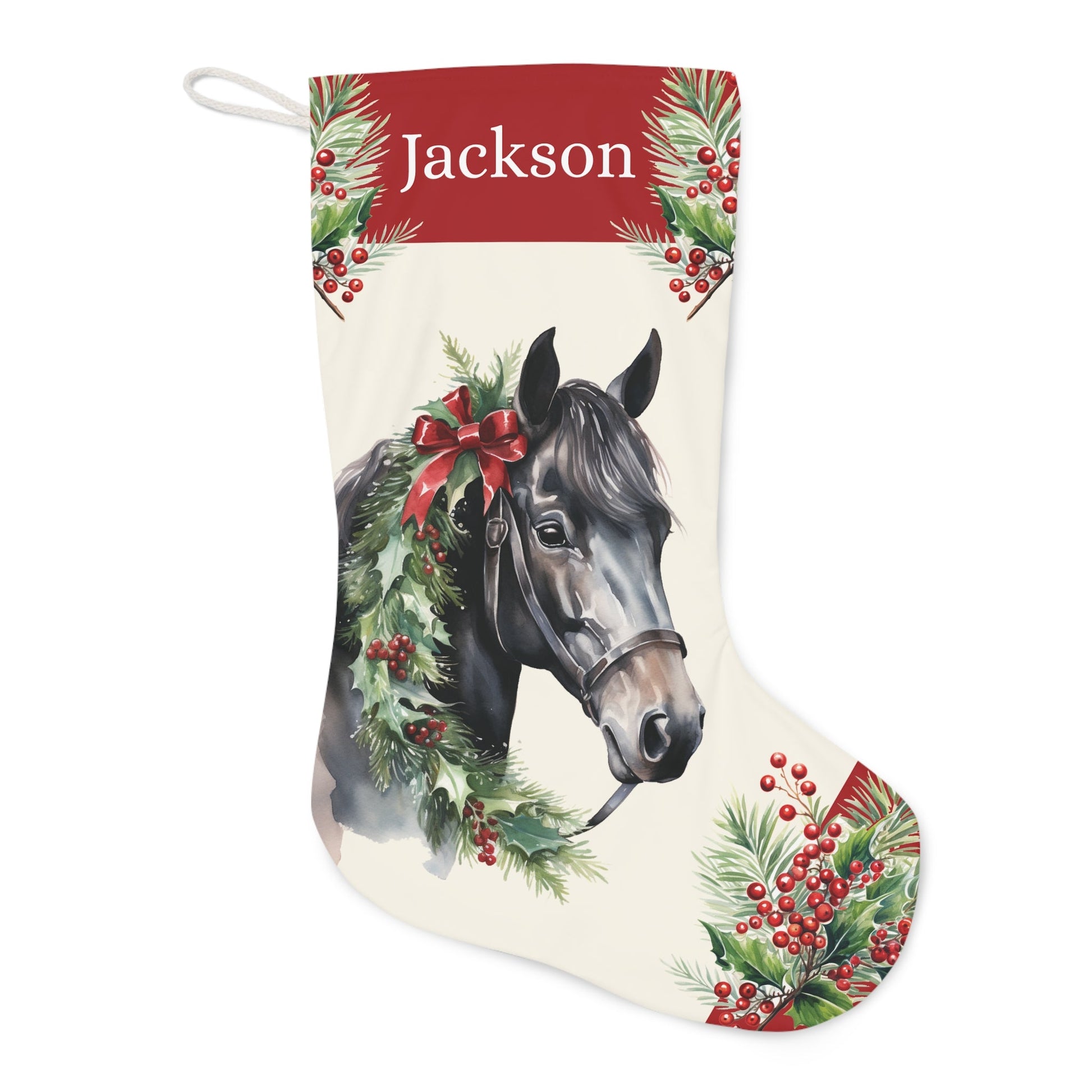 Personalized Christmas Horse Stocking, Black Horse Extra Large Holiday Stocking - FlooredByArt