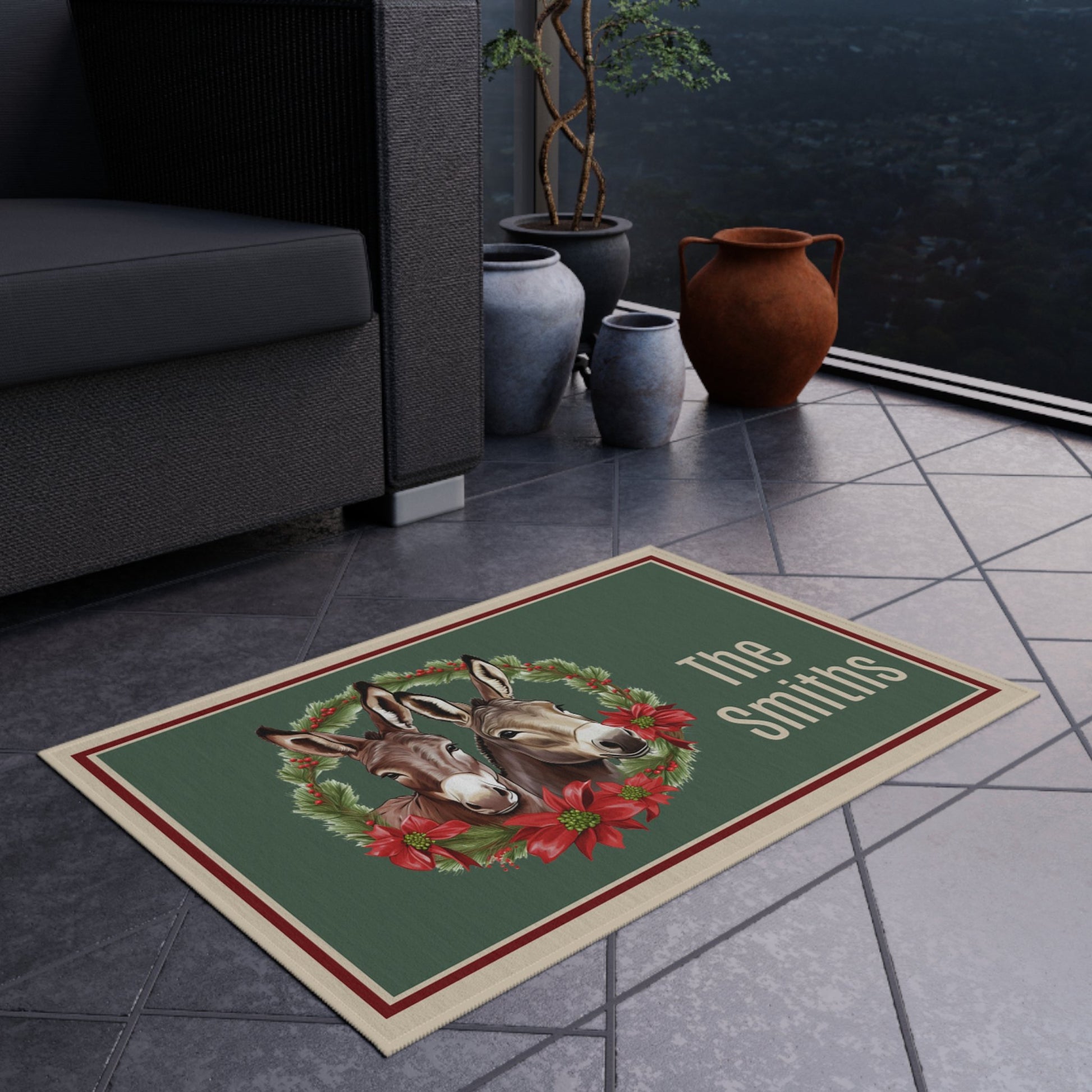 Personalized Christmas Outdoor Rug, Personalized Door Mat, Holiday Gift - FlooredByArt