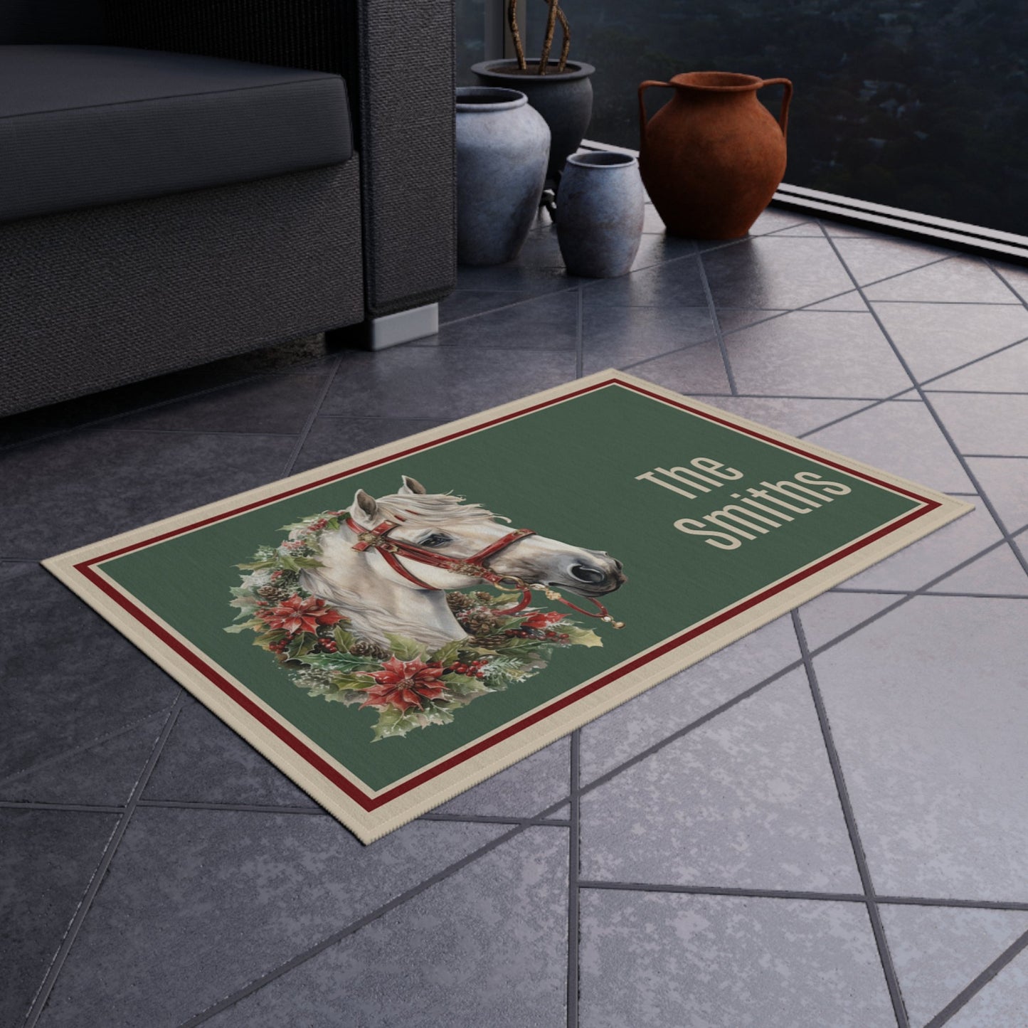 Personalized Christmas White Horse Head Outdoor Holiday Rug - FlooredByArt